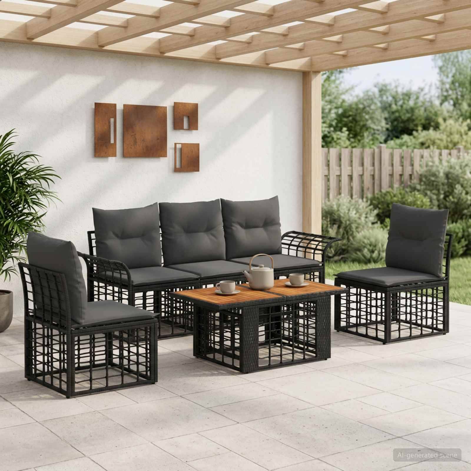 Outdoor-Sitzmöbel-Set mit schwarzem Metallrahmen-Sofa, Stühlen und Couchtisch unter einer Pergola, mit Holzwanddekoration und Gartenblick.