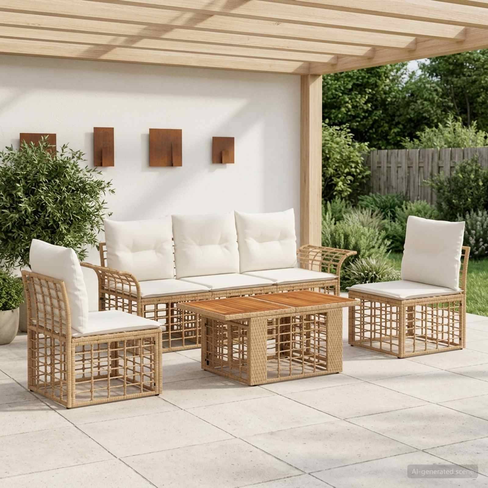 Outdoor-Sitzgarnitur für die Terrasse mit geflochtenen Rattanstühlen, Sofa, Couchtisch und cremefarbenen Kissen auf einer gefliesten Terrasse unter einer Pergola.