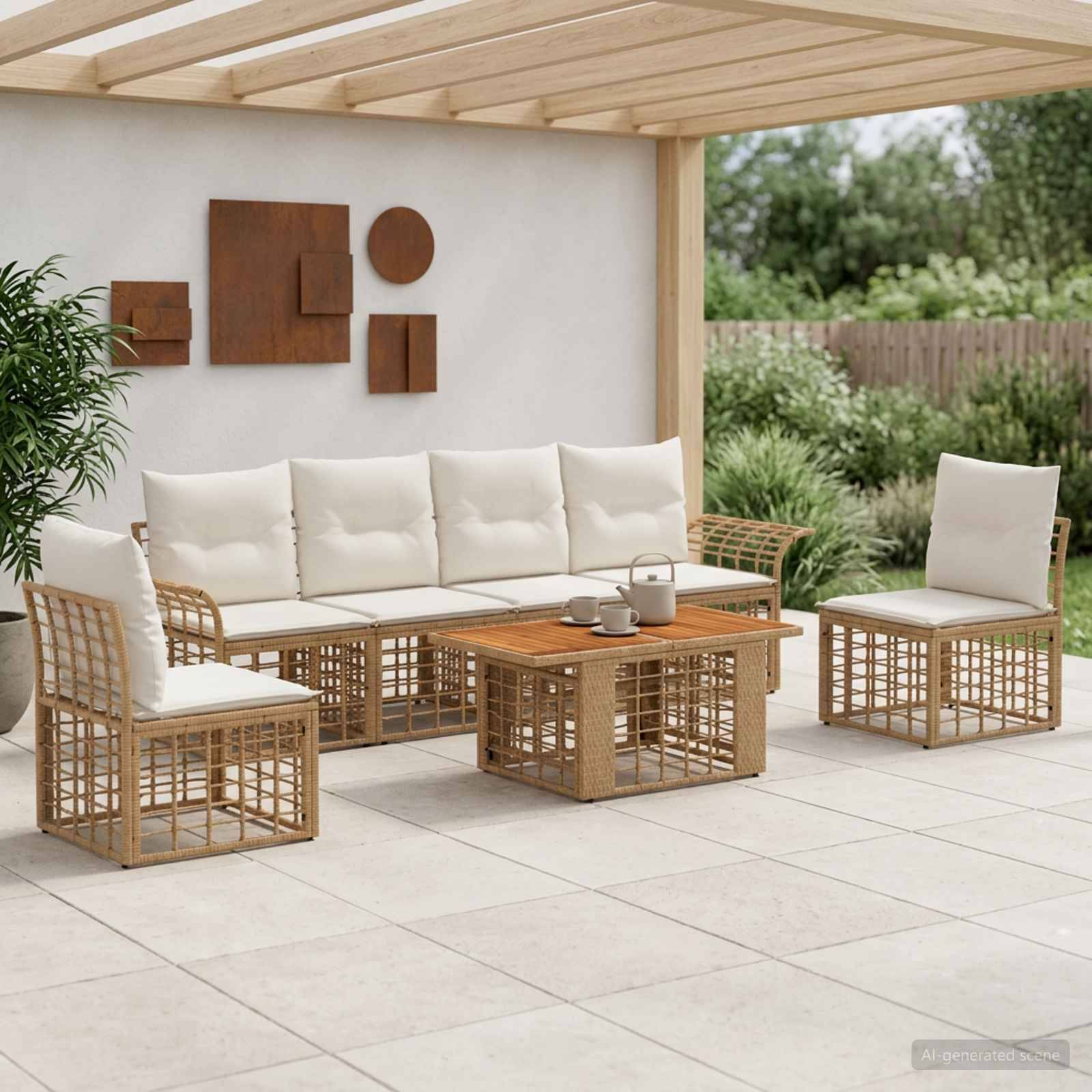 Modernes Terrassenmöbel-Set mit Rattan-Sofa, Stühlen und Couchtisch unter einer Holzpergola, dargestellt auf einer gestalteten Außenterrasse.