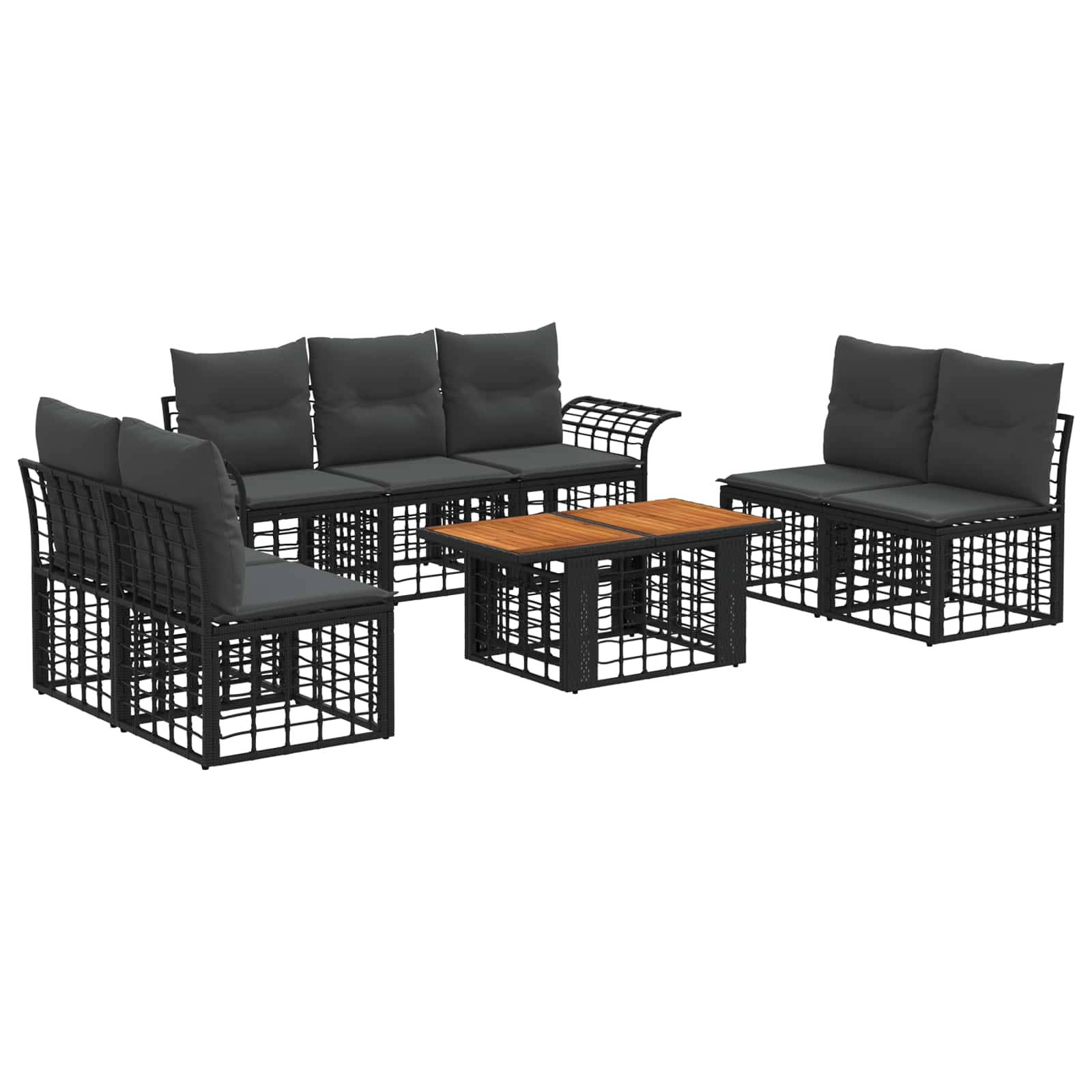 Gartenmöbel-Set für die Terrasse mit schwarzem Metallrahmen-Sofa, Stühlen und einem Couchtisch mit Holzplatte sowie schwarzen Kissen
