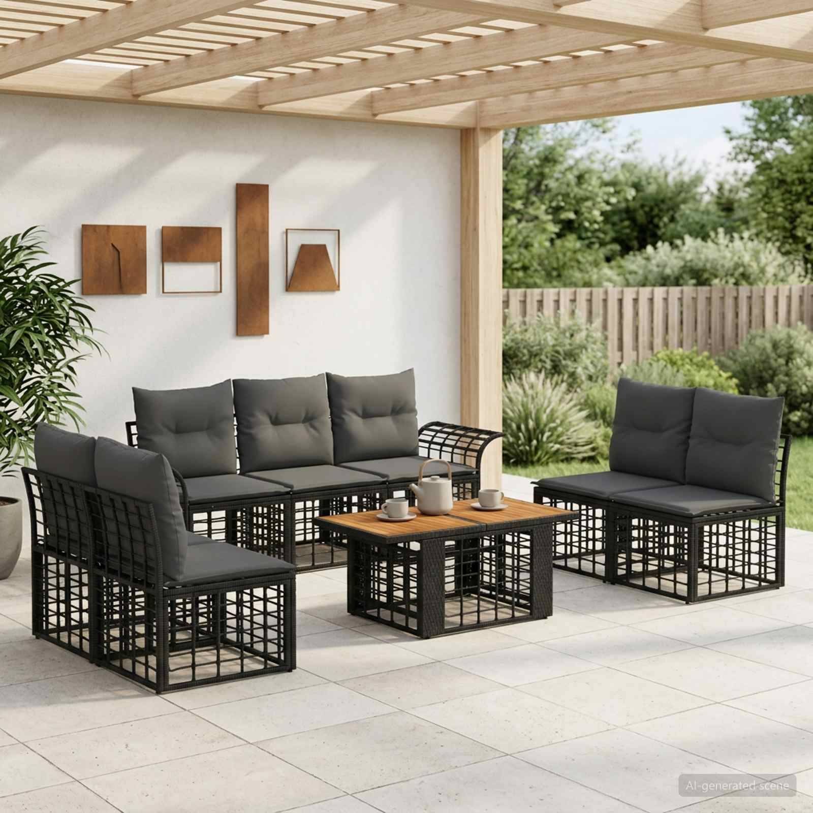 Gartenbereich mit vier schwarzen Sofas mit Metallrahmen, grauen Kissen und einem passenden Couchtisch unter einer Pergola.