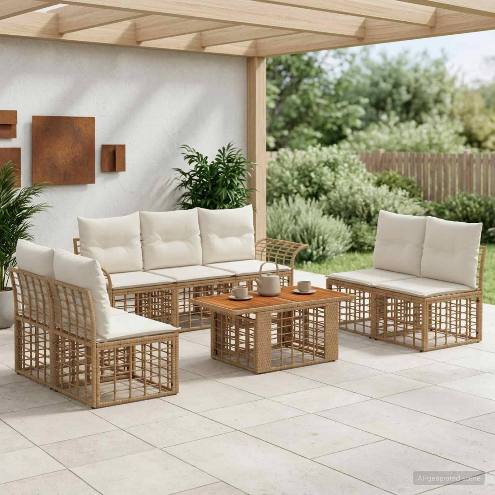 Außenbereich der Terrasse mit Rattansofa-Stühlen und Couchtisch unter einer Holzpergola, mit beigen Kissen und Gartenblick.