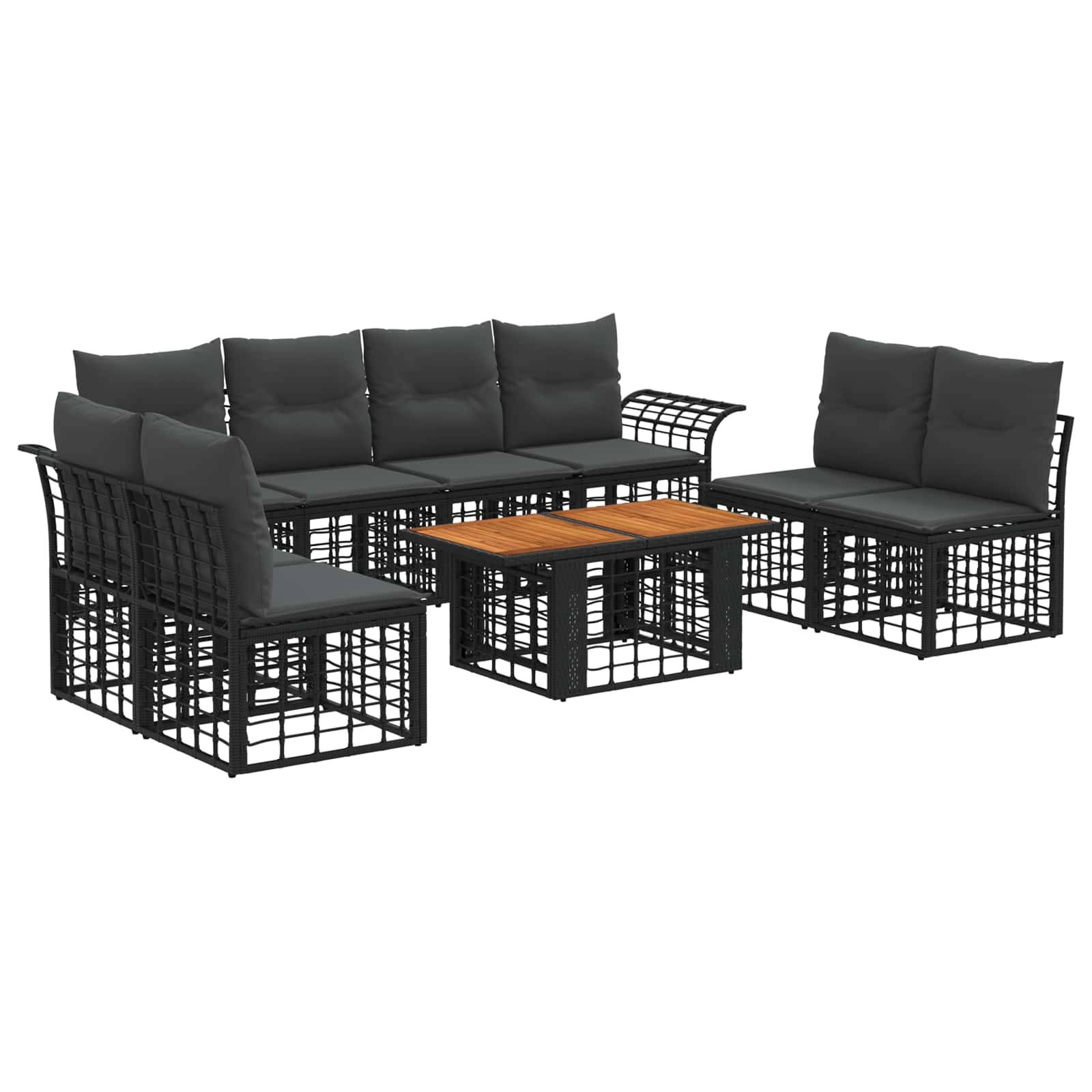 Schwarzes Rattanmöbel-Set für den Außenbereich mit drei gepolsterten Sofas und einem Couchtisch mit Holzplatte auf weißem Hintergrund.
