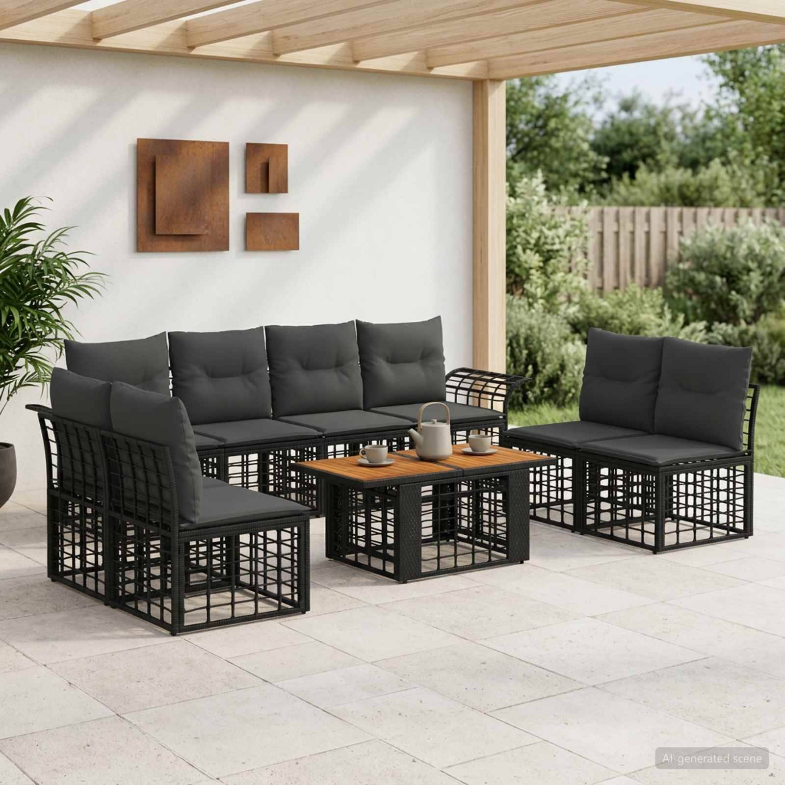 Modernes Gartenmöbelset für die Terrasse mit schwarzem Metallrahmen-Sofa, zwei Stühlen und Couchtisch auf einer gefliesten Terrasse