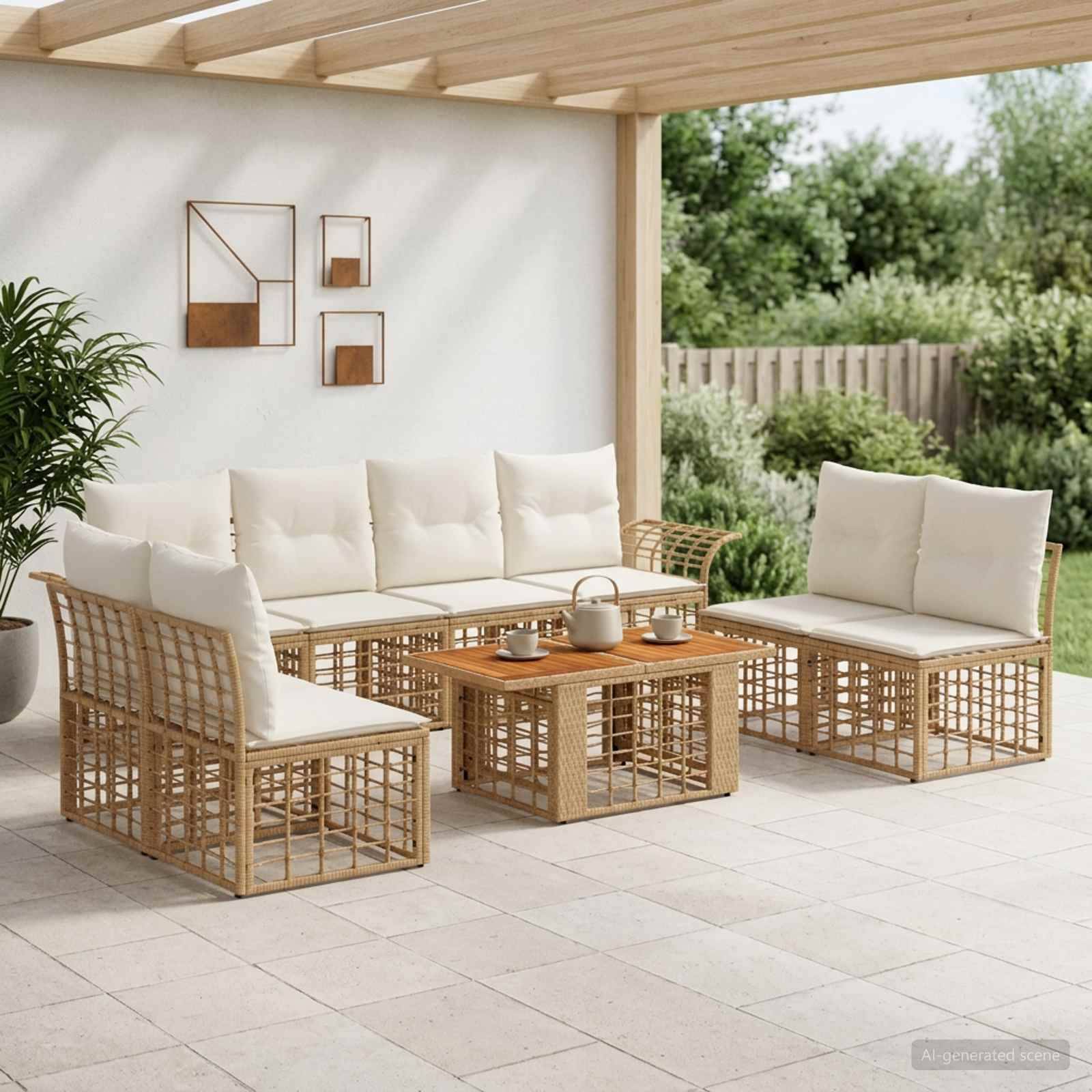 Outdoor-Sitzmöbel-Set auf der Terrasse mit cremefarbenen Kissen und geflochtenen Holzrahmen um einen niedrigen Couchtisch unter einer überdachten Pergola.