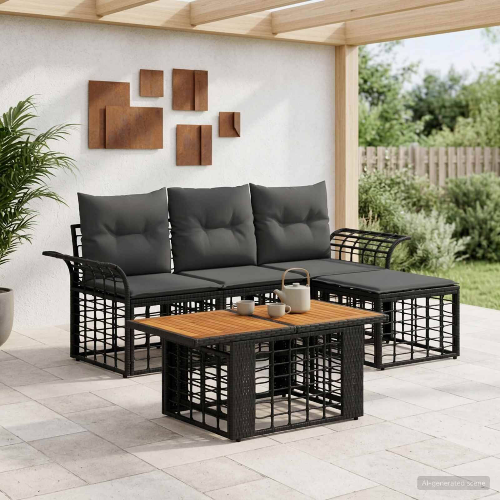 Außenbereich mit Sitzecke auf der Terrasse, bestehend aus schwarzem Metallsofa, gepolsterten Stühlen und Holzkaffeetisch unter einer Pergola, mit Gartenaussicht.