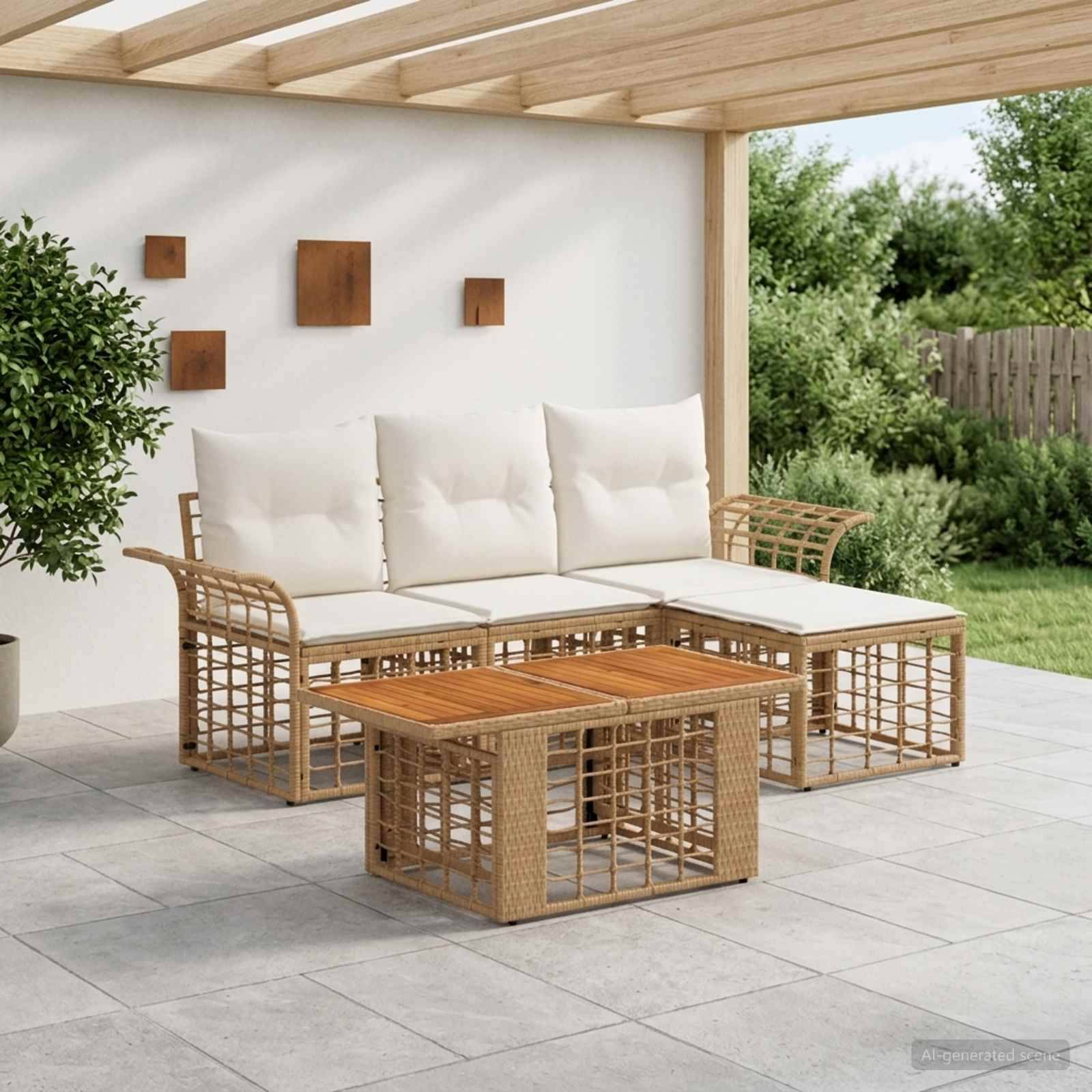 Outdoor-Terrassengarnitur mit Rattansofa, Couchtisch und weißen Kissen unter einer Holzpergola neben einem Garten.