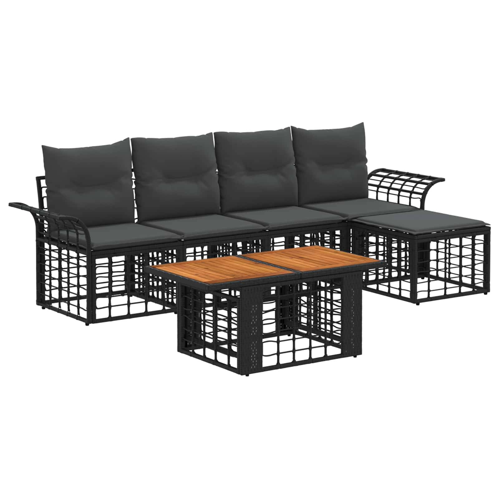 Gartenmöbel-Loungeset mit schwarzem Rattanrahmen, grauen Polstern und rechteckigem Couchtisch mit Holzplatte auf weißem Hintergrund.