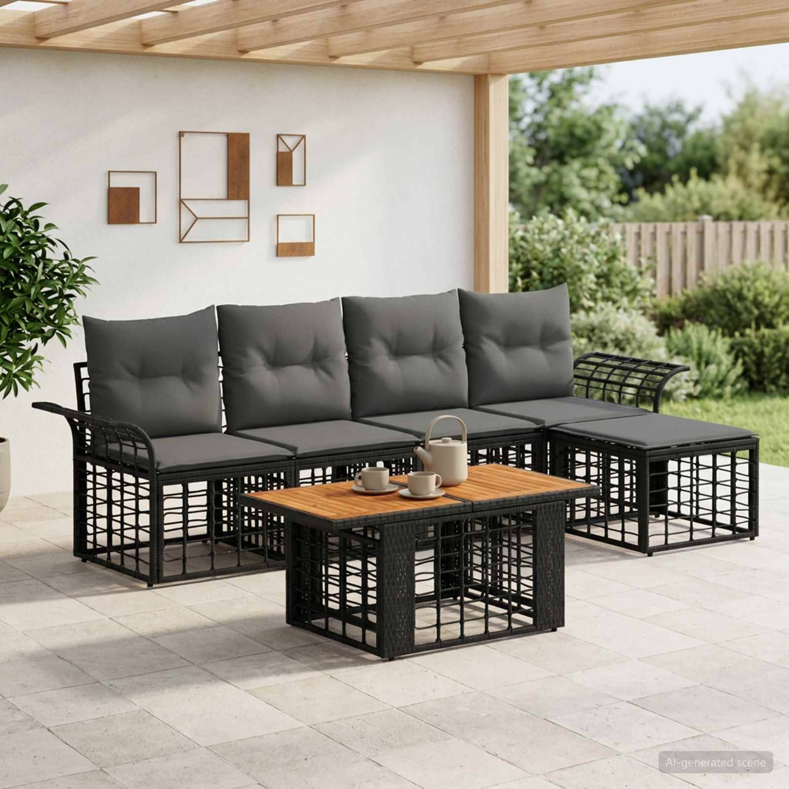 Outdoor-Sitzmöbel-Set mit schwarzem geflochtenem Ecksofa, grauen Kissen und passendem Couchtisch unter einer überdachten Pergola.