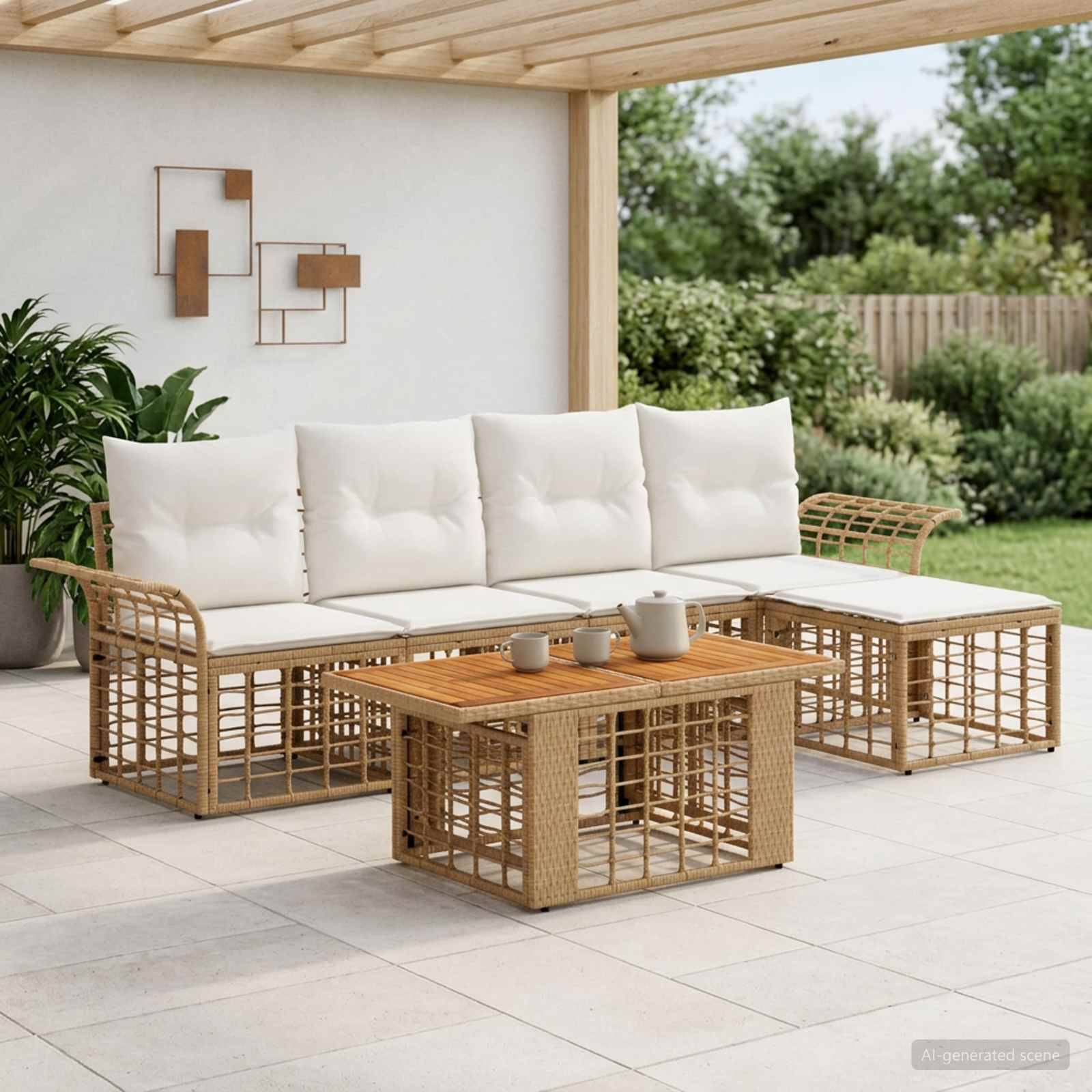 Outdoor-Terrassenbestuhlung mit Rattan-Ecksofa, weißen Kissen und passendem Couchtisch unter einer überdachten Terrasse.