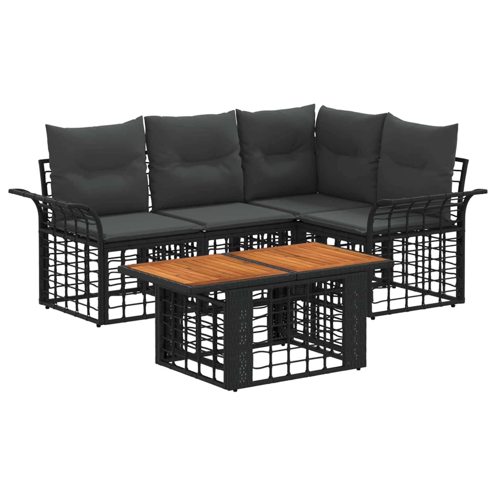 Schwarzes Rattan-Außenlounge-Set mit grauen Kissen und einem Couchtisch mit Holzplatte auf weißem Hintergrund.
