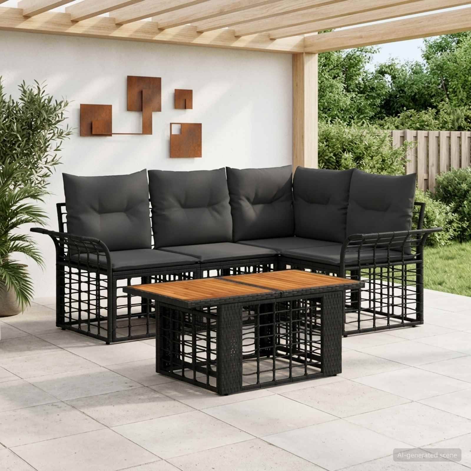Außenterrassen-Sitzmöbel-Set mit schwarzem gepolstertem Ecksofa und passendem Couchtisch unter einer Holzpergola