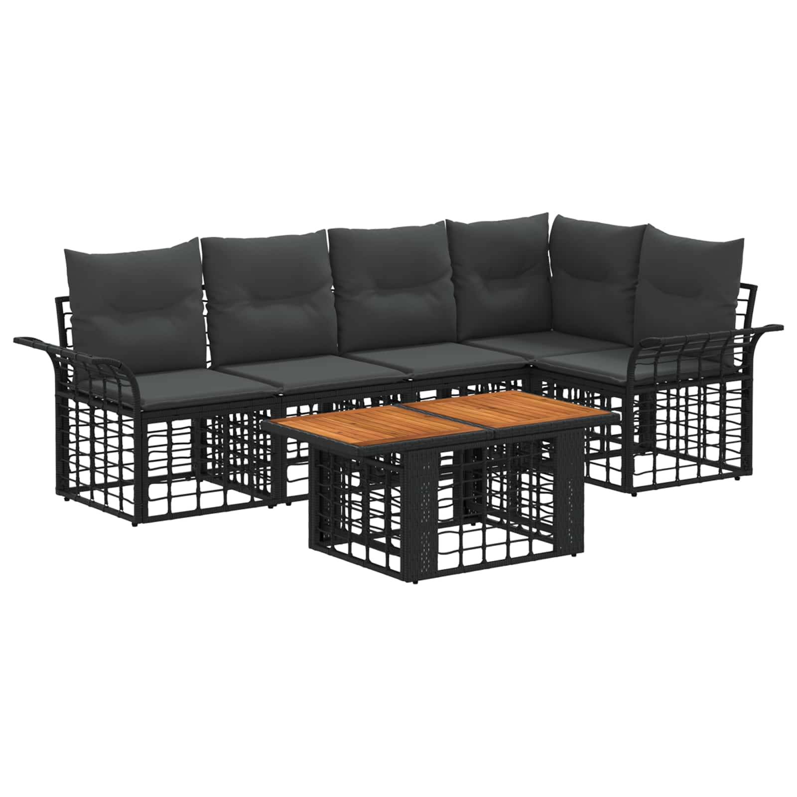 Outdoor-Loungeset aus Modulsofa mit schwarzem Metallrahmen, grauen Polstern und Couchtisch mit Holzoberfläche.