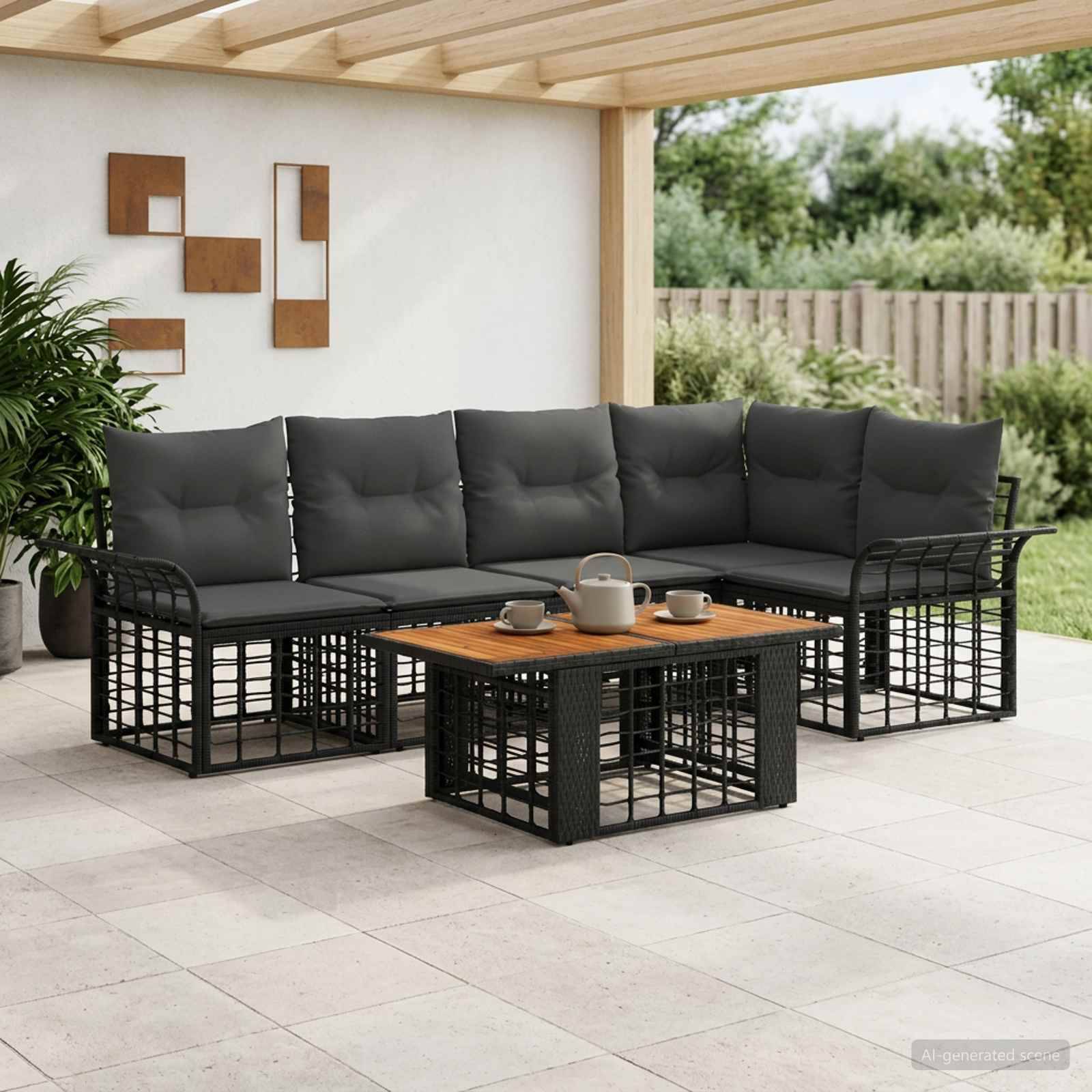 Outdoor-Terrasse mit schwarzem modularem Sectional-Sofa und Couchtisch mit Holzplatte unter einer Pergola, gestaltet zum entspannten Sitzen und für Getränke.
