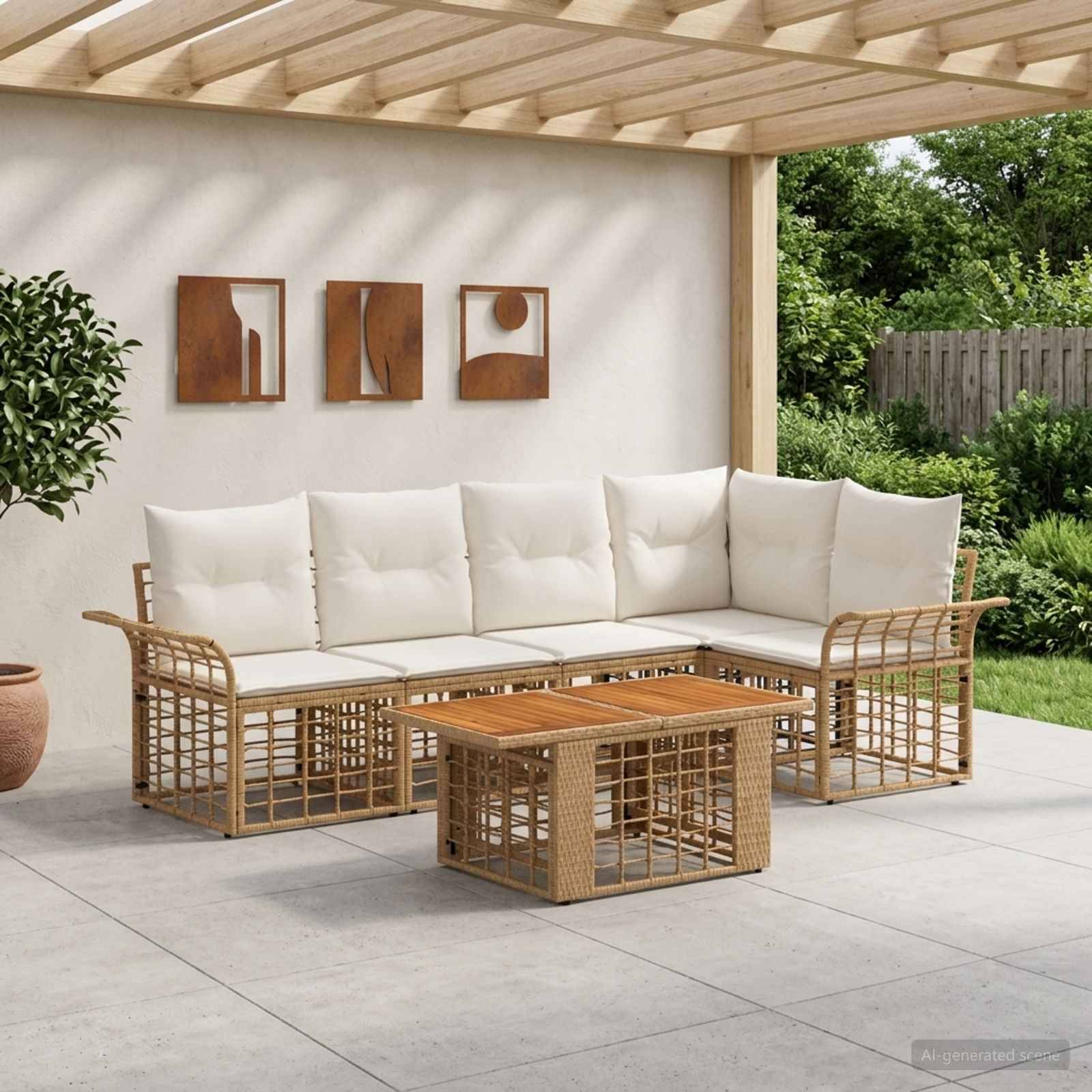 Outdoor-Terrassensektion mit weißen Kissen und Rattangestell, kombiniert mit einem passenden Couchtisch unter einer hölzernen Pergola.