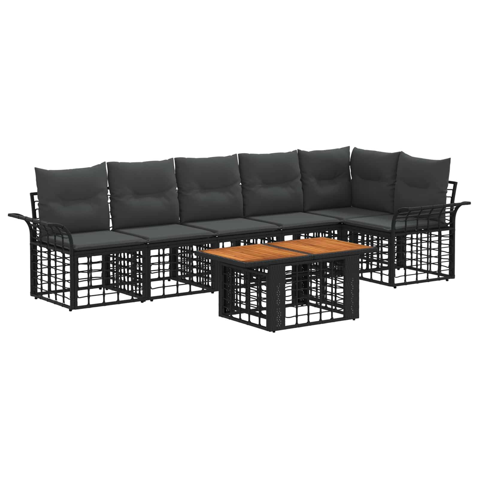 Outdoor L-förmiges Ecksofa-Set mit schwarzem Rattanrahmen, dunklen Kissen und einem passenden rechteckigen Couchtisch mit Holzplatte.