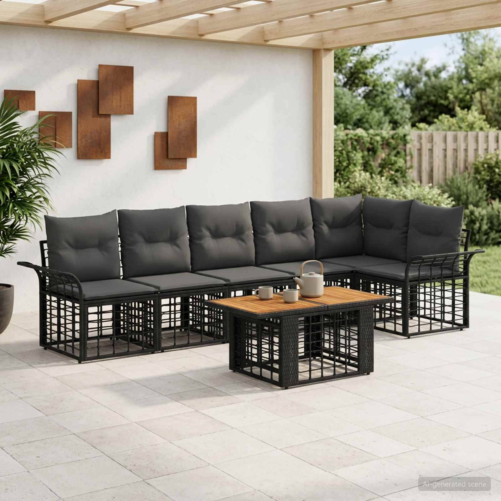 Terrasse im Freien mit schwarzem Metall-L-förmigem Ecksofa und passendem Couchtisch, gezeigt unter einer überdachten Pergola.