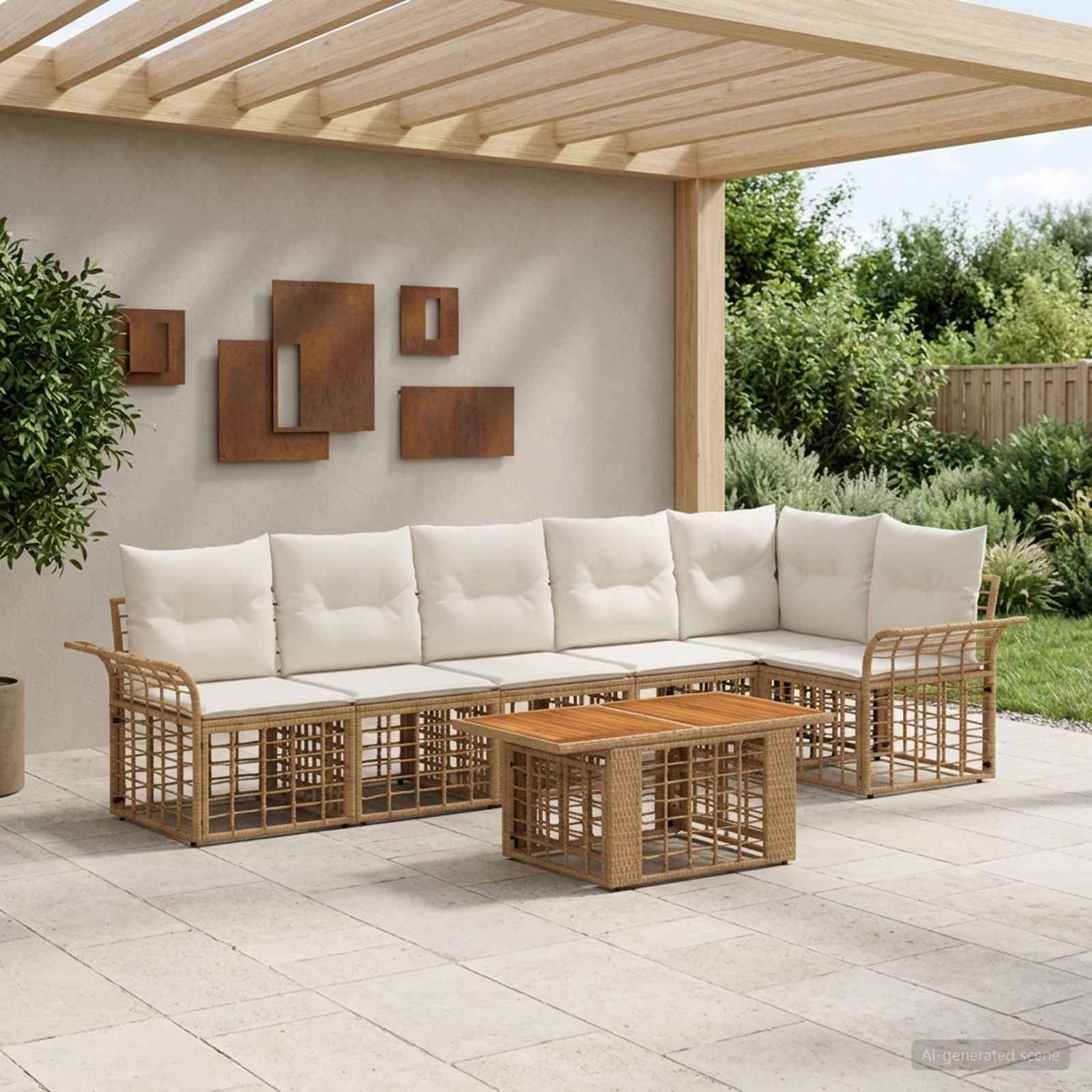 Terrassensektionalsofa im Freien mit weißen Kissen und Rattanrahmen, kombiniert mit einem passenden Couchtisch unter einer Pergola.