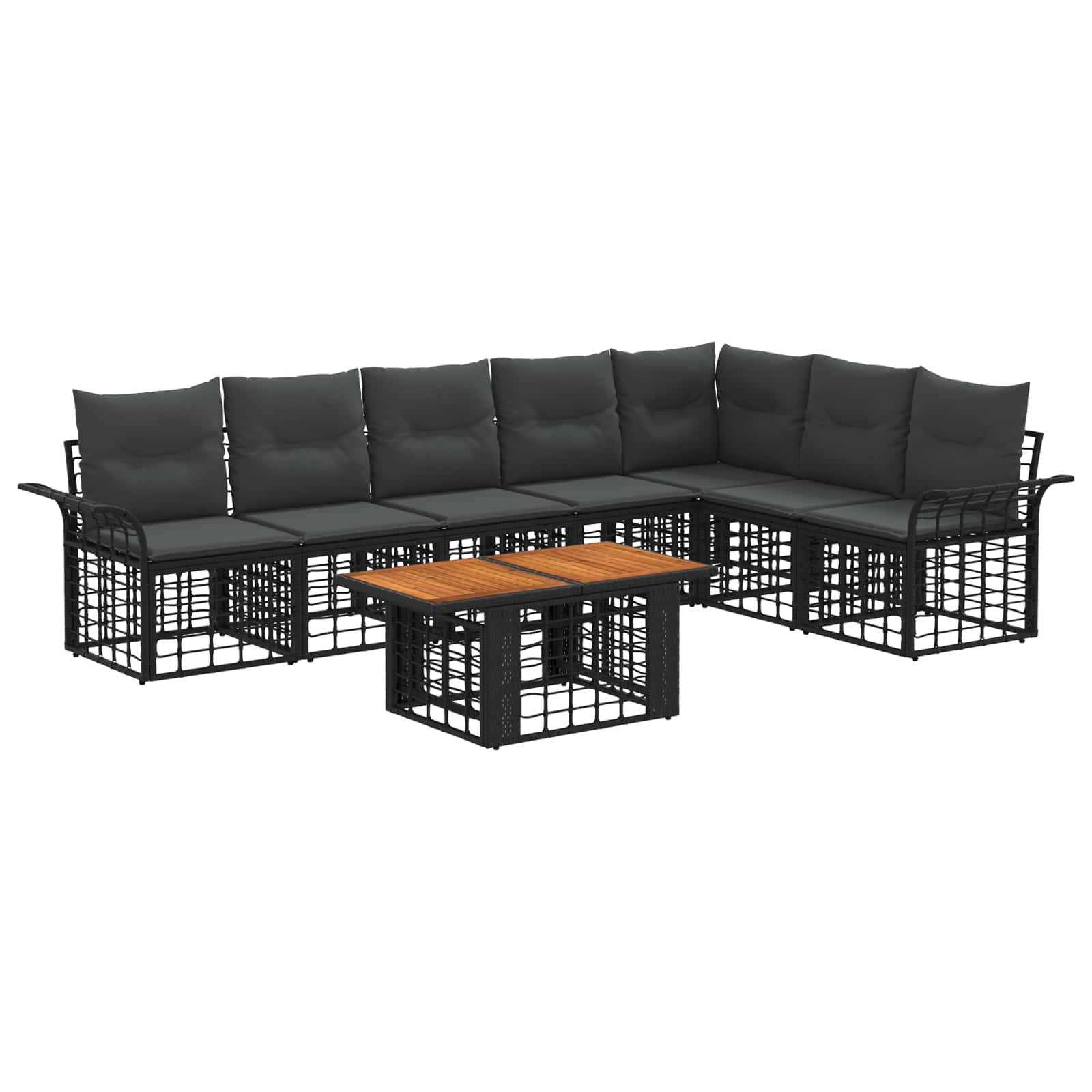 Schwarze Polyrattan-Außensektionalgarnitur mit grauen Kissen und passendem rechteckigem Couchtisch.