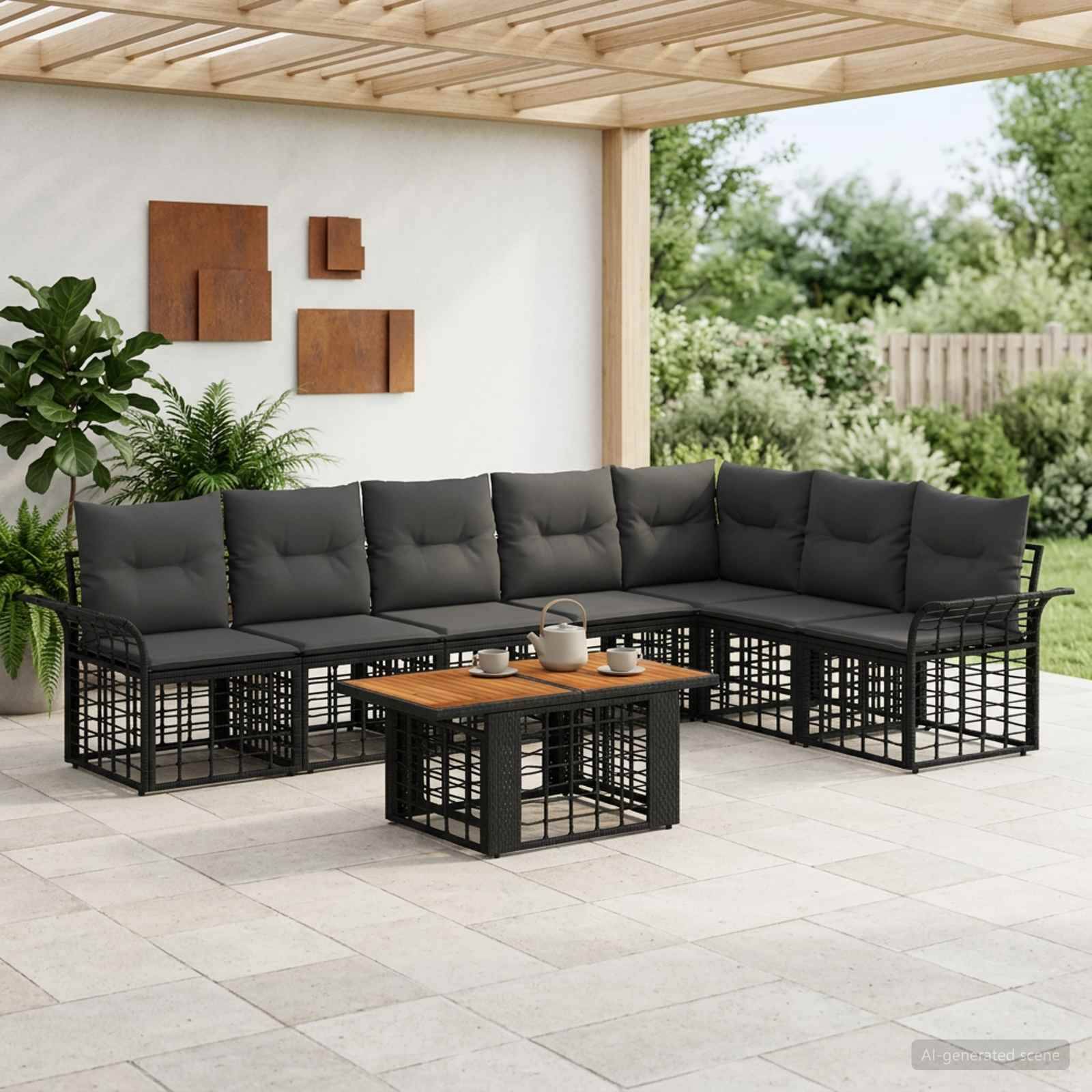 Sitzgruppe für die Außenterrasse mit einem schwarzen Ecksofa, passendem Couchtisch und dunklen Kissen unter einer überdachten Pergola.