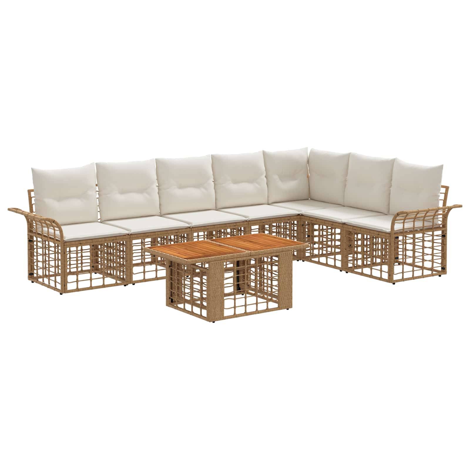 L-förmiges Outdoor-Rattan-Ecksofa mit beigen Kissen und passendem quadratischen Couchtisch auf weißem Hintergrund.