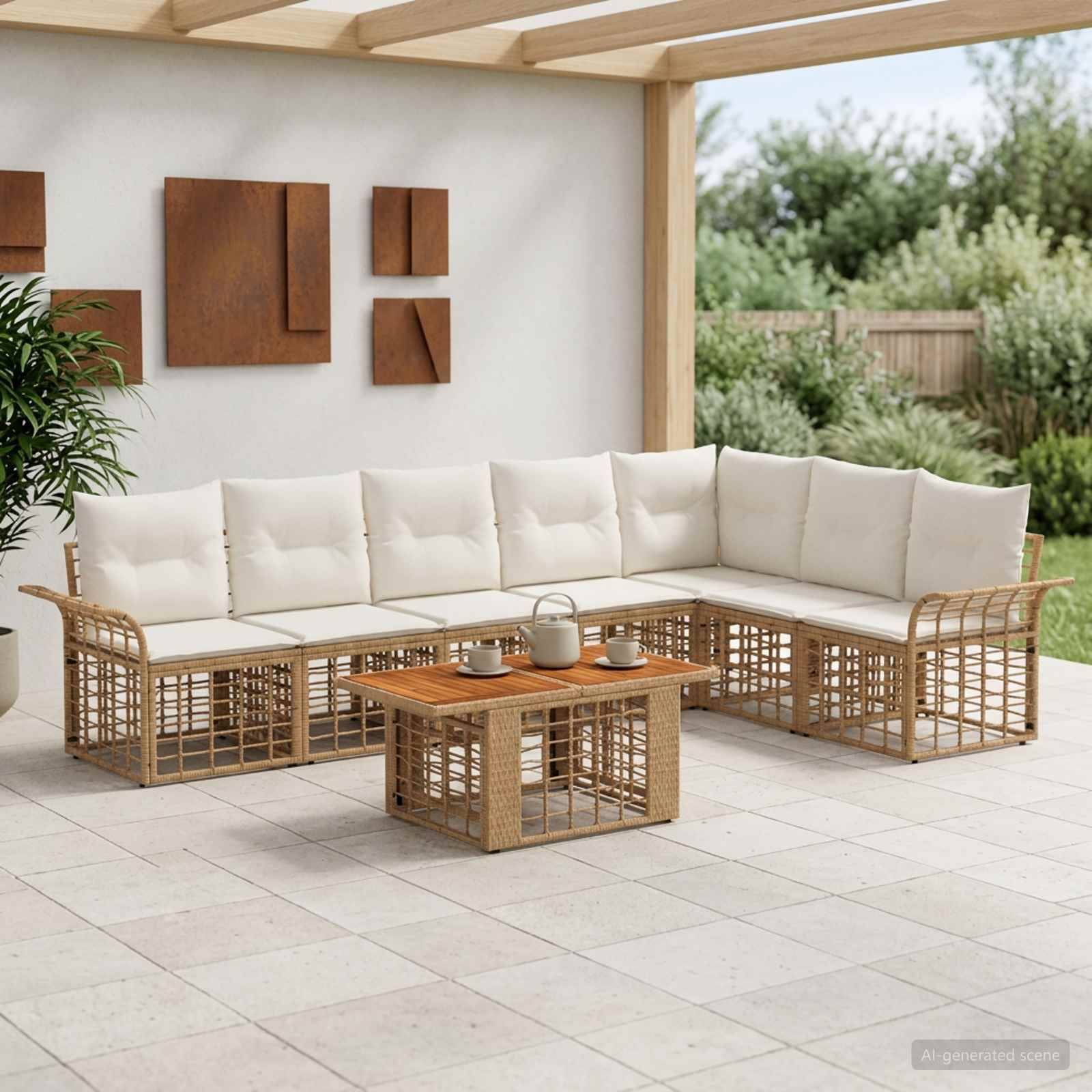 Außenbereich einer Terrasse mit einem Rattan-Ecksofa, Couchtisch und Kissen unter einer überdachten Pergola.