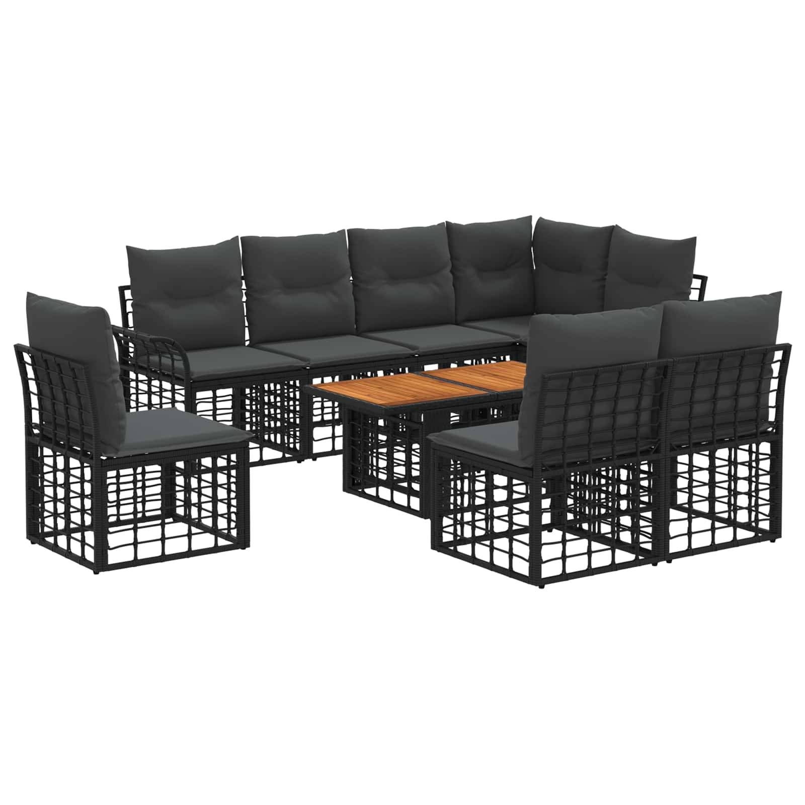 Schwarzes Gartenmöbelset für den Außenbereich mit Ecksofa, zwei Stühlen und einem Couchtisch mit Holzplatte auf weißem Hintergrund.