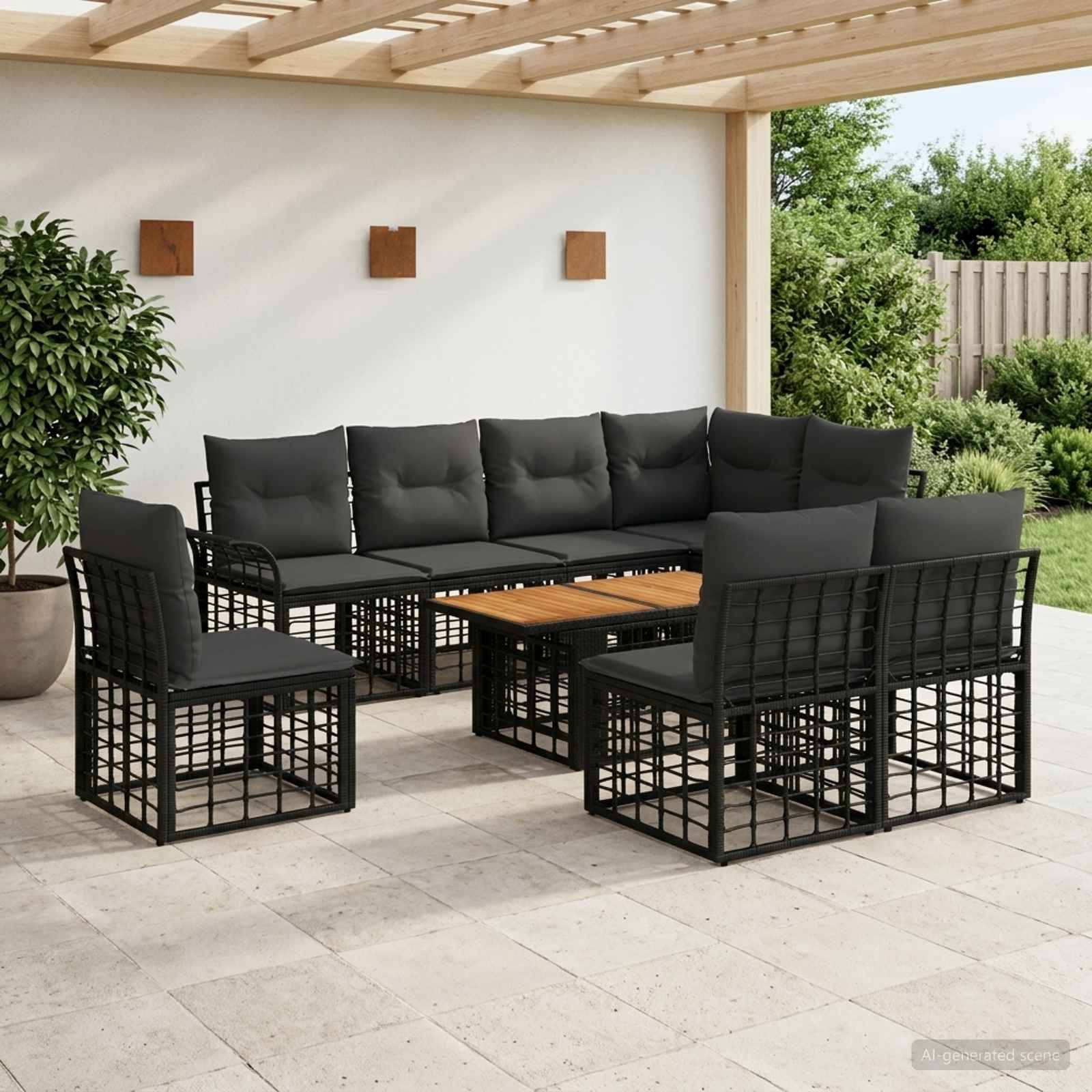 Outdoor-Terrassenspeiseset mit schwarzem Metallrahmen-Sitzmöbeln, grauen Kissen und einem hölzernen Couchtisch unter einer Pergola.