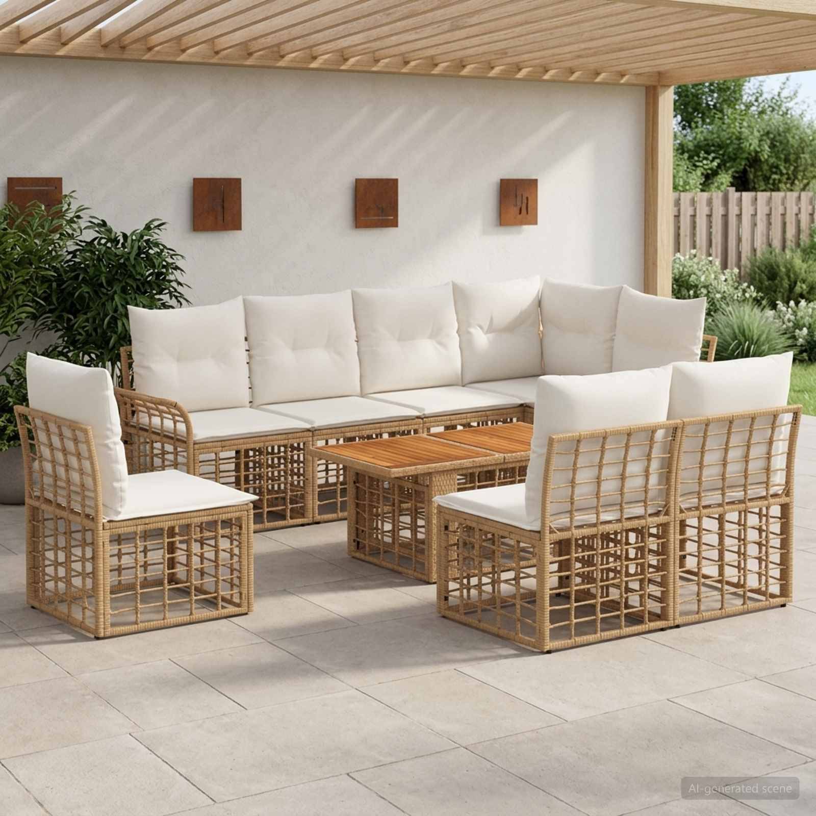 Sitzmöbel-Set für die Terrasse mit beigen Kissen und geflochtenen Rattanrahmen im Rattan-Stil um einen niedrigen Couchtisch unter einer Pergola.