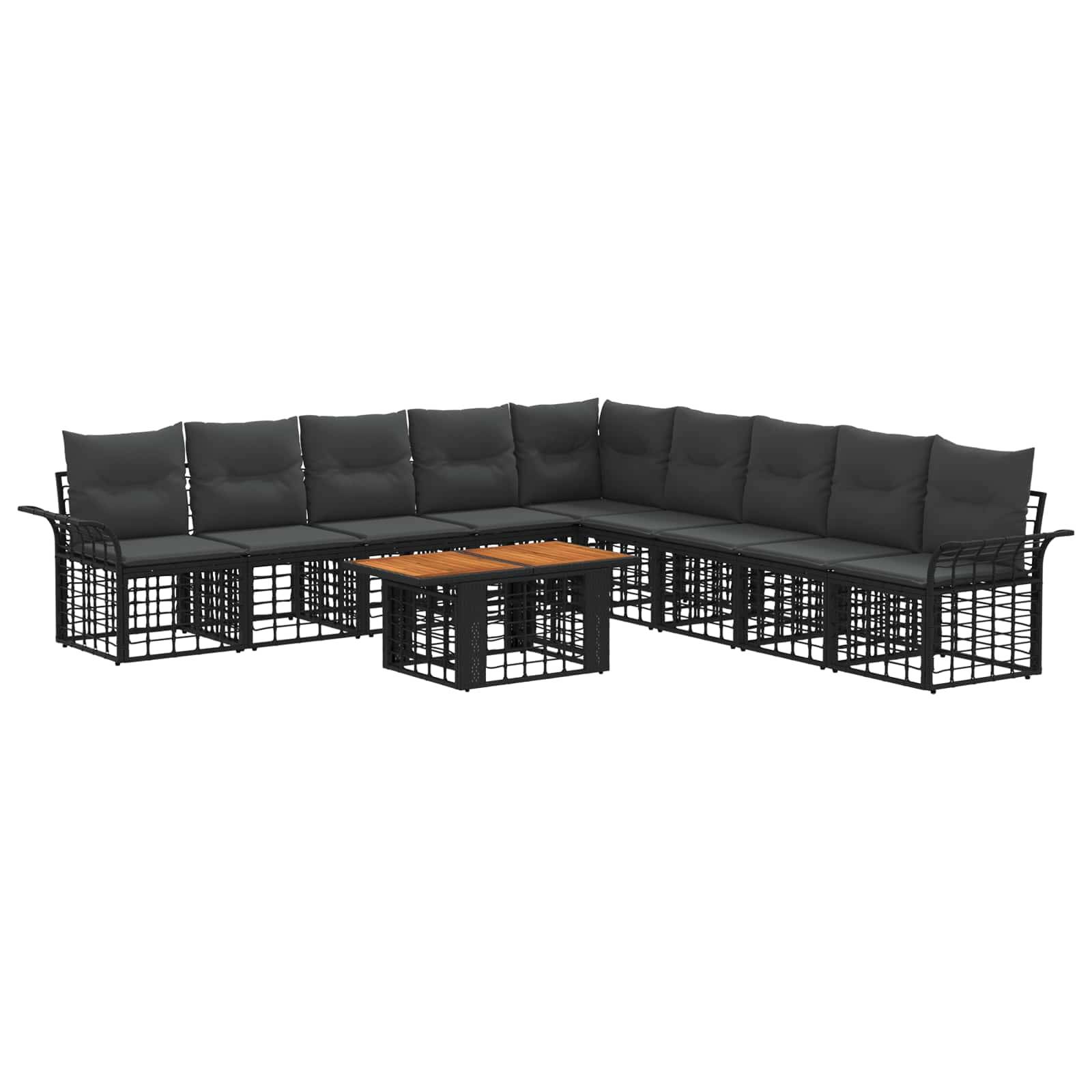 Modulares Outdoor-Sofaset mit dunklen Kissen und einem kleinen quadratischen Holz-Couchtisch auf weißem Hintergrund.