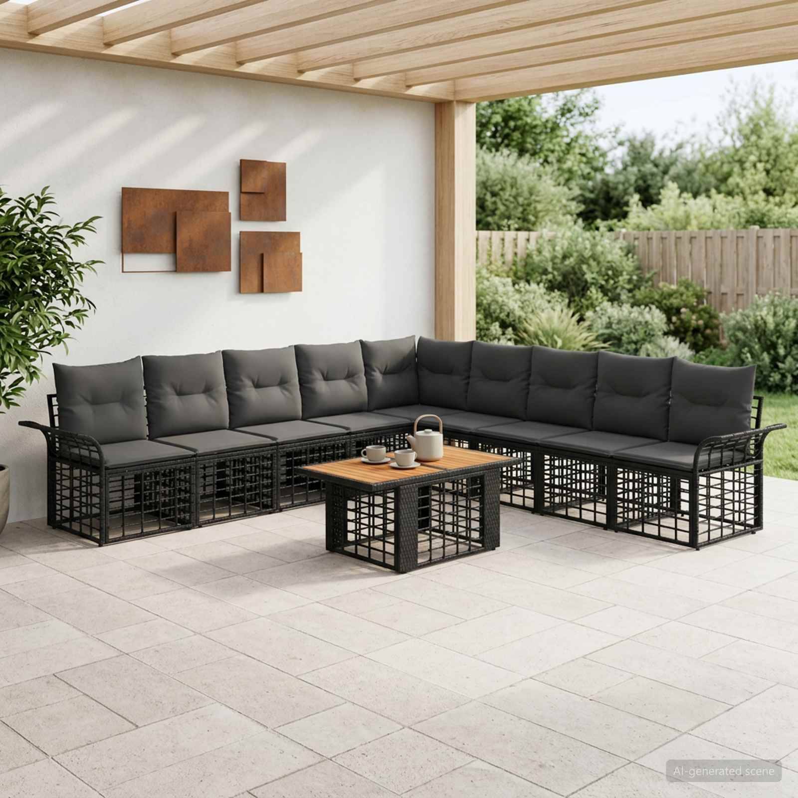 Dunkelgraues L-förmiges Außen-Ecksofa mit Kissen und einem Holz-Couchtisch auf einer überdachten Terrasse mit Gartenblick.