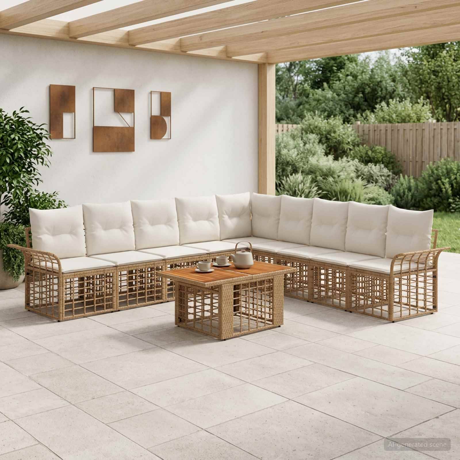 Outdoor-Terrasse mit einem L-förmigen Korb-Ecksofa, Couchtisch und cremefarbenen Kissen unter einer Holzpergola mit Gartenkulisse im Hintergrund.