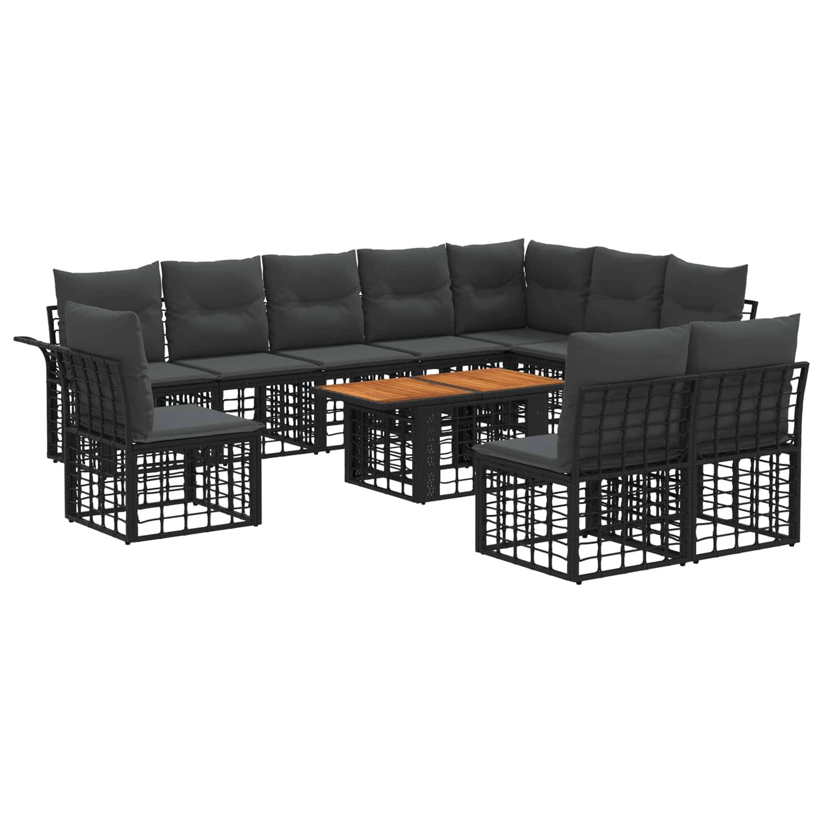 Schwarzes modulares Outdoor-Sofa-Set mit Polsterung, zwei Sesseln und kleinem Couchtisch mit Holzplatte