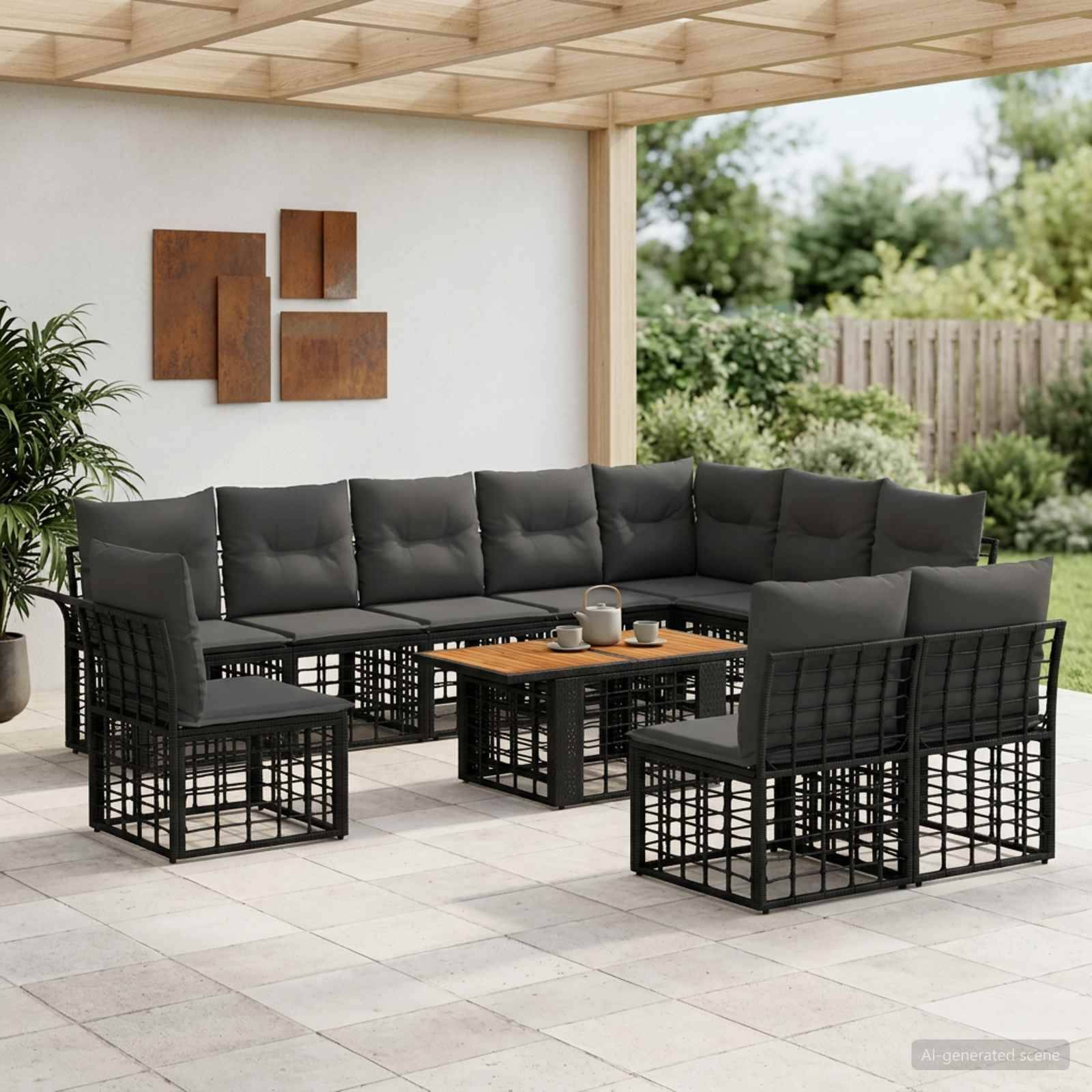Outdoor-Terrassenmöbelset mit dunkelgrauem Ecksofa, zwei Stühlen und zwei Couchtischen auf einer überdachten Terrasse.