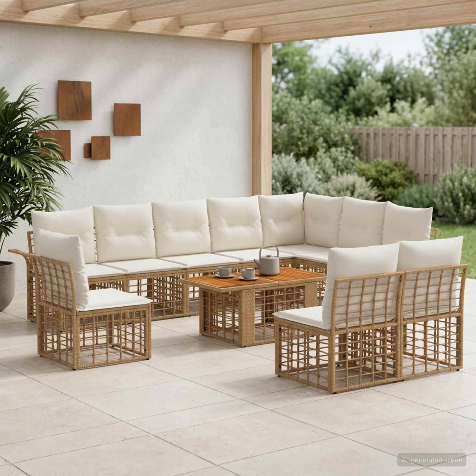 Outdoor-Sitzgruppe mit cremefarbig gepolstertem Rattan-Ecksofa, zwei Stühlen und Couchtisch unter einer überdachten Pergola.