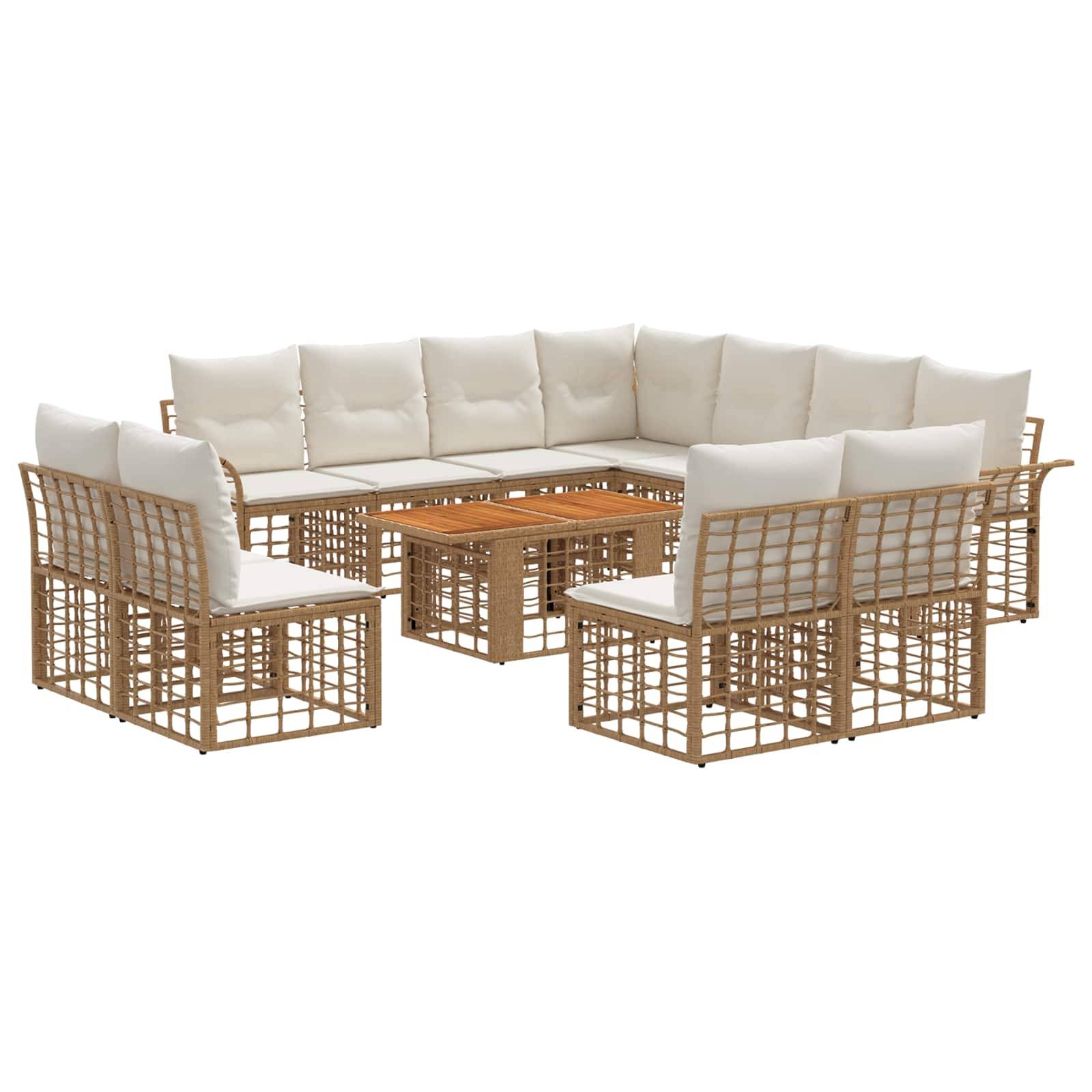 Gartenmöbel-Loungeset für die Terrasse mit Rattanrahmen, weißen Polstern und zwei passenden Couchtischen