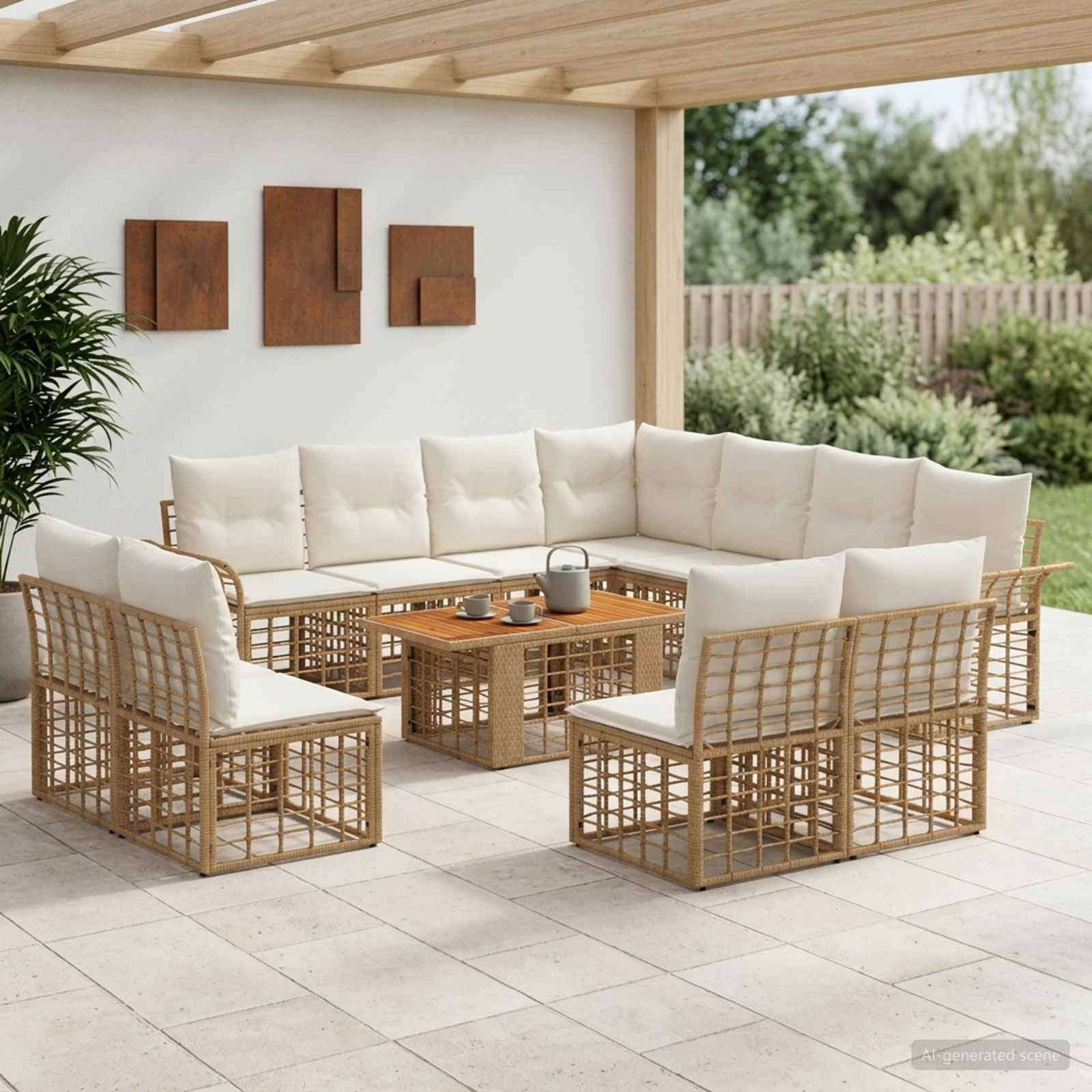 Outdoor-Terrasse mit einem leichten Rattan-Ecksofa-Set um einen quadratischen Couchtisch angeordnet, dargestellt unter einer überdachten Pergola neben einem Garten.