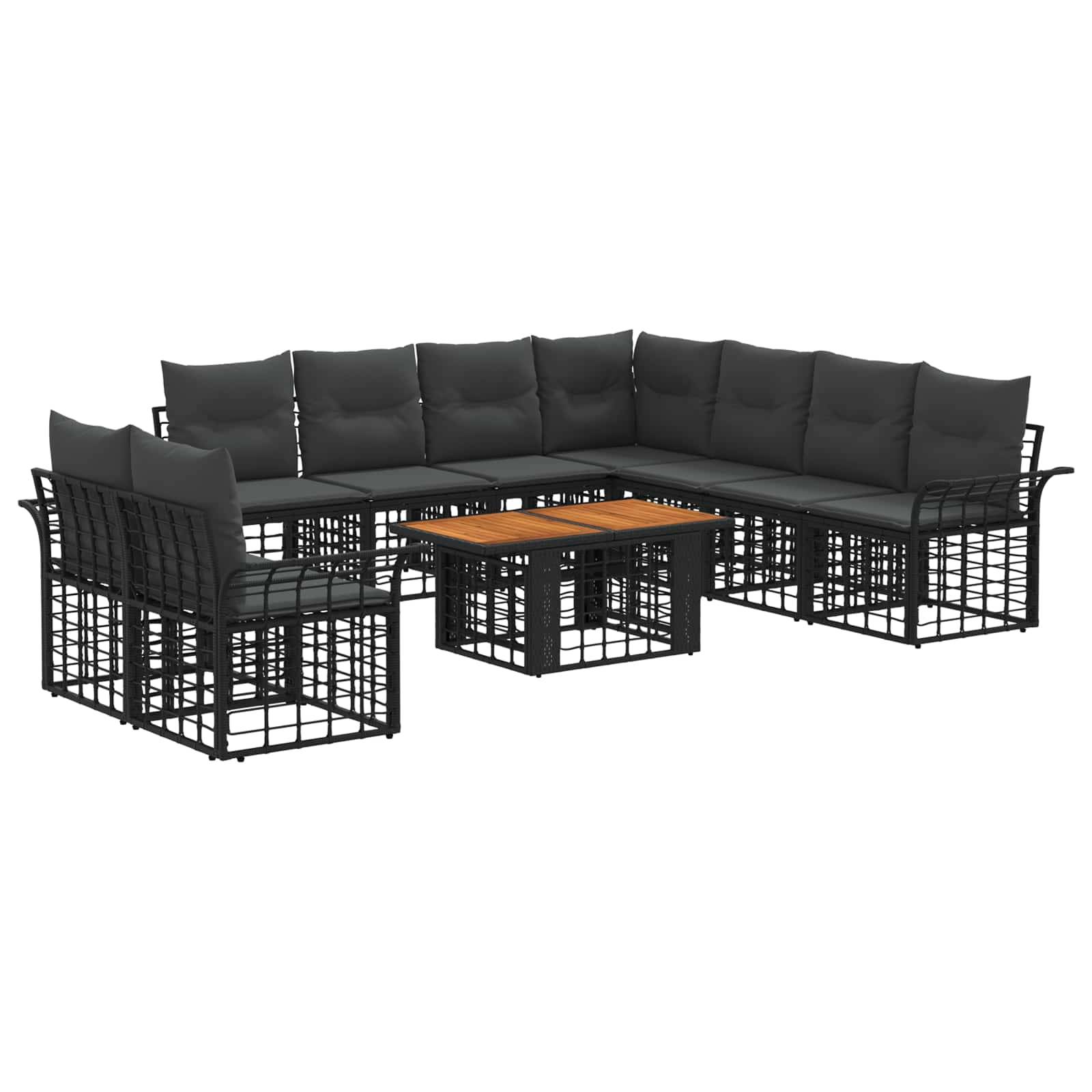 Schwarzes L-förmiges Outdoor-Polster-Sofaset mit gepolsterten Sitzflächen und einem kleinen quadratischen Couchtisch mit Holzplatte.
