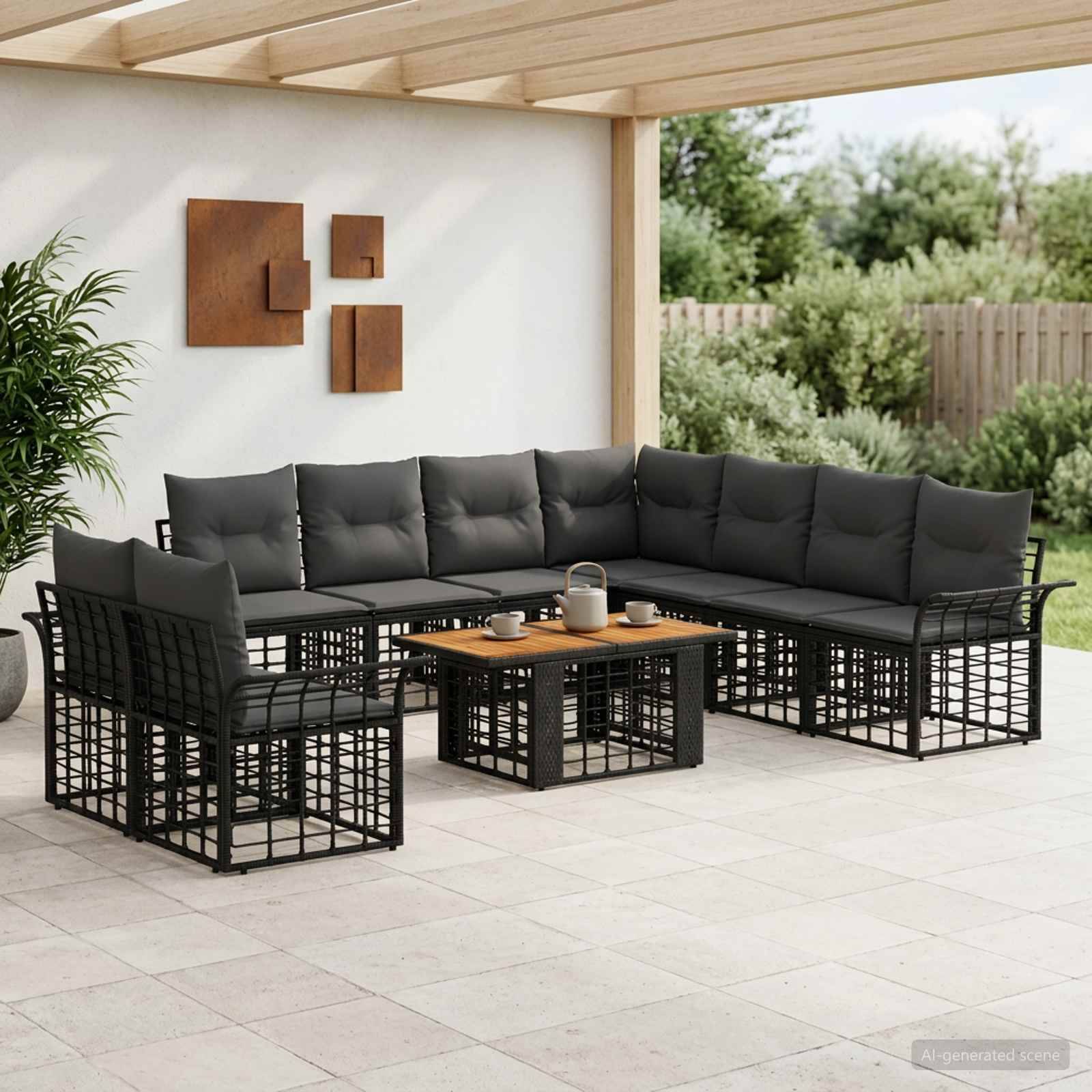 Outdoor-Terrassensitzgarnitur mit schwarzem Ecksofa, Sesseln und Couchtisch unter einer überdachten Terrasse.