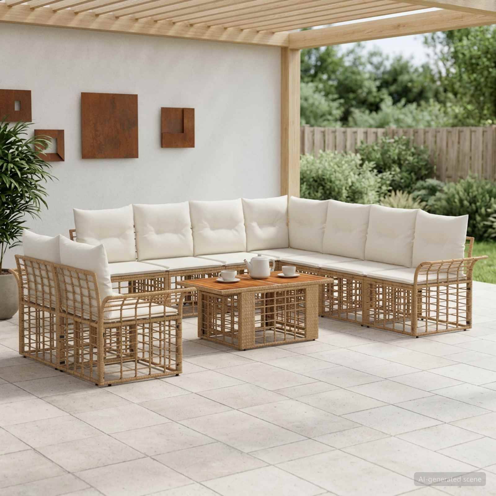 Gartenmöbel-Set mit beigen Kissen, Polyrattan-Ecksofa, Sessel und Couchtisch unter einer Pergola.