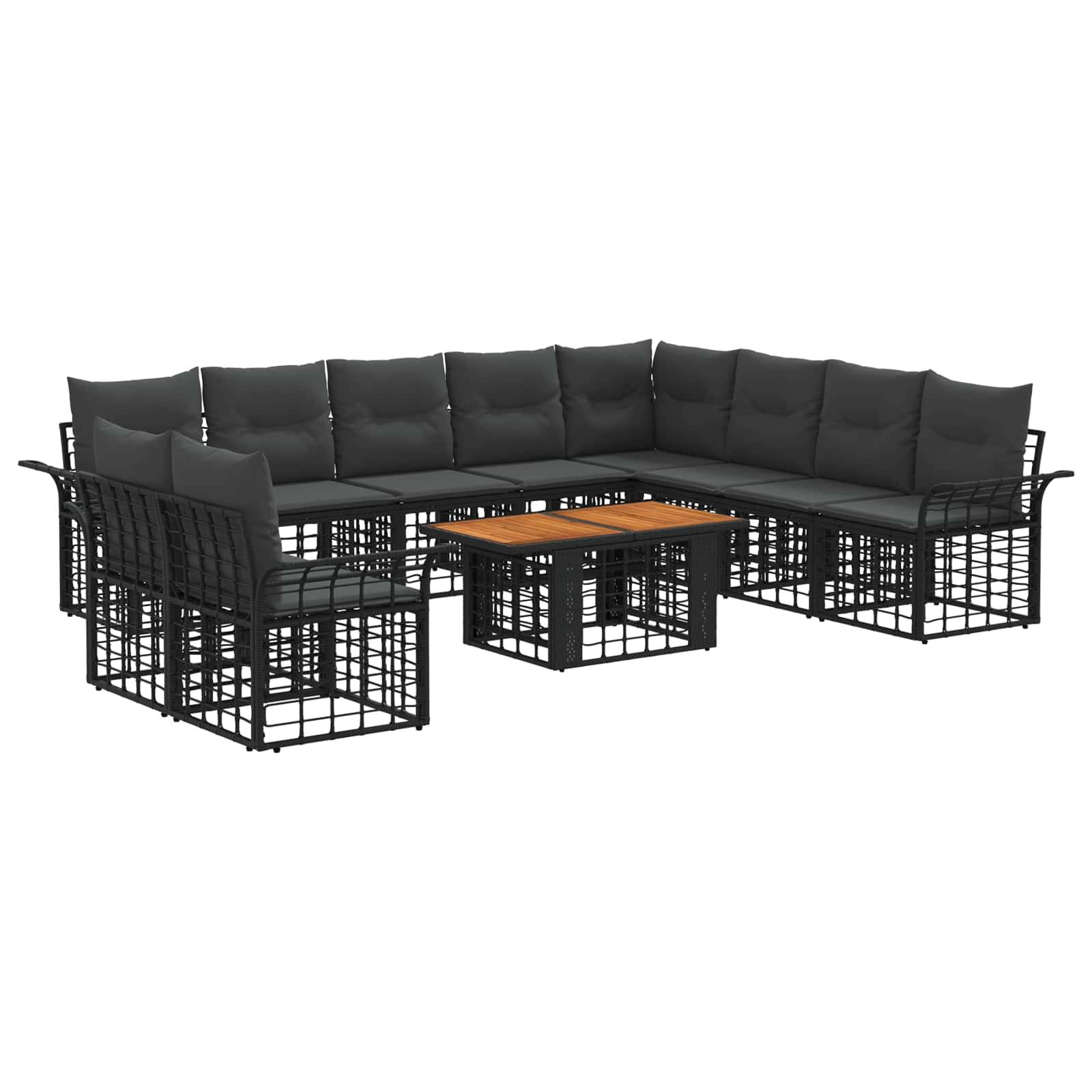 Schwarzes modulares Außensofaset mit gepolsterten Eckplätzen und kleinem rechteckigem Holzkaffeetisch auf weißem Hintergrund.
