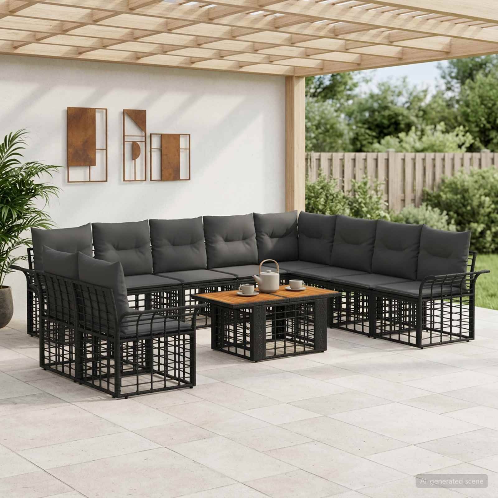 Outdoor-Terrassensektional mit dunkelgrauen Kissen und schwarzen Metallrahmen um einen Holz-Couchtisch unter einer Pergola.
