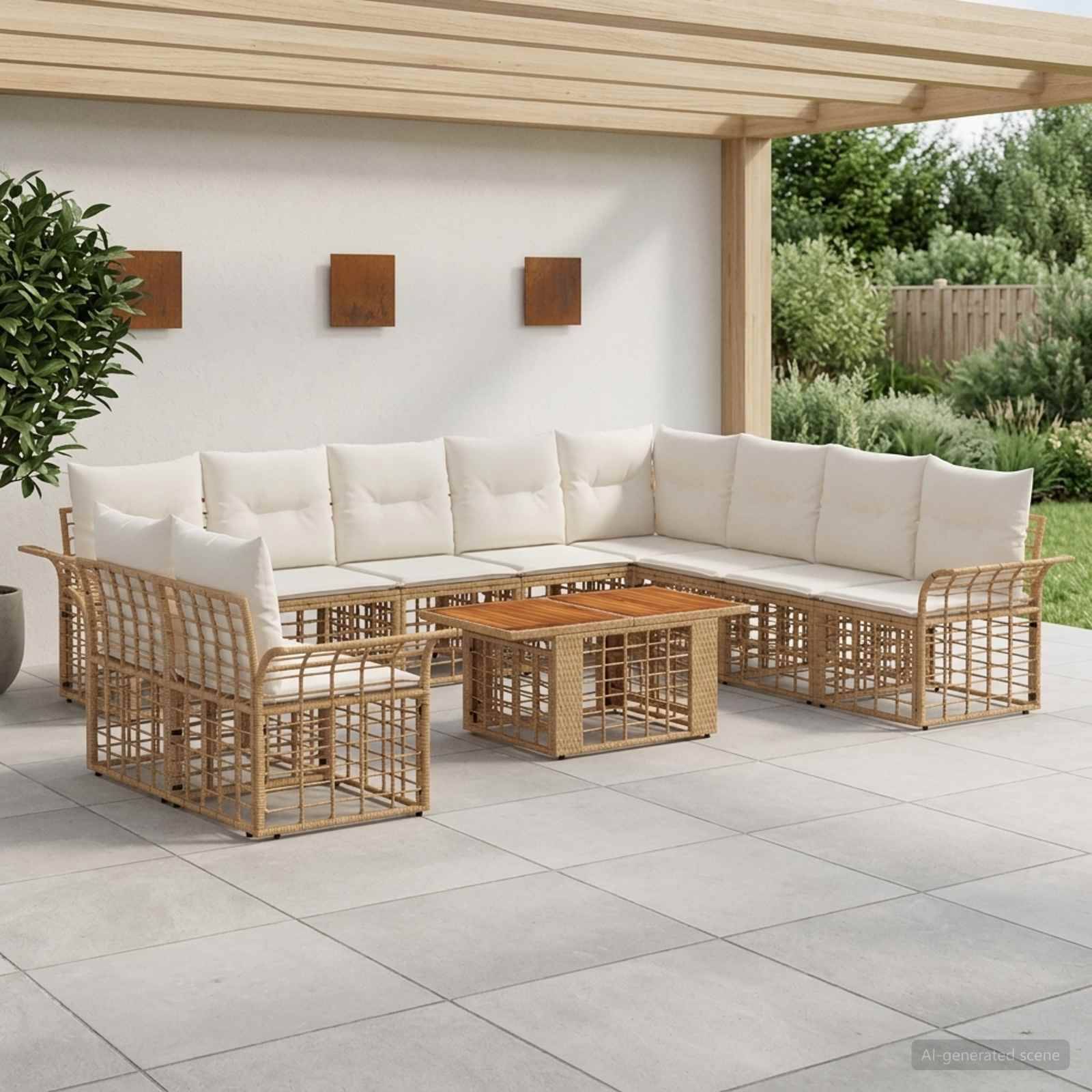 Outdoor-Terrassenmöbel-Set mit geflochtenen Rattansektional-Sofas, weißen Kissen und passenden Couchtischen auf einer überdachten Terrasse.