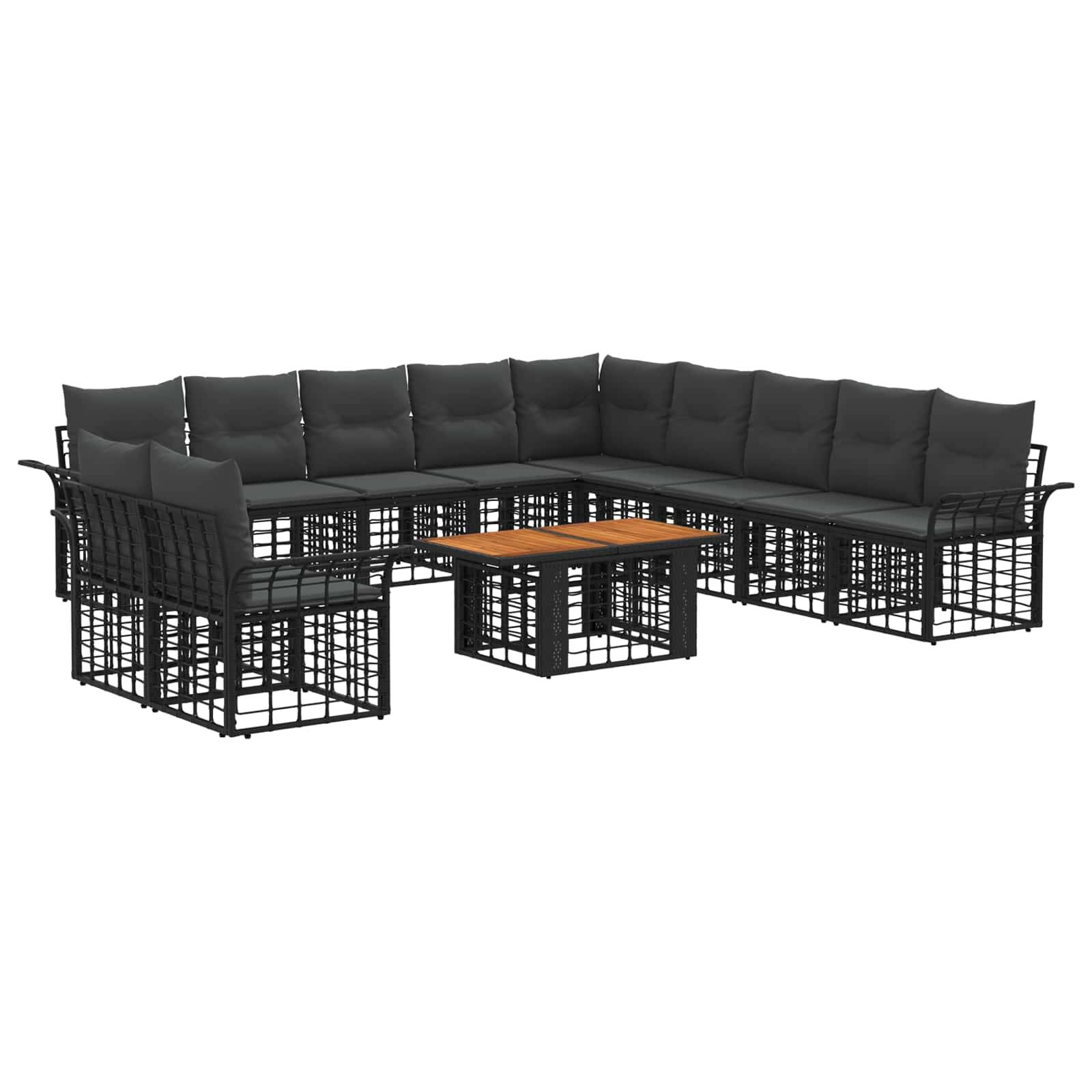 Schwarzes L-förmiges Outdoor-Sektionalsofaset mit gepolsterten Sitzen und Rückenlehnen sowie ein kleiner rechteckiger Couchtisch mit Holzplatte.