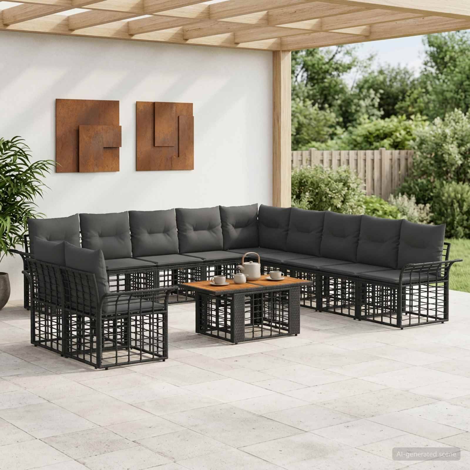 Außenterrasse mit schwarzem U-förmigem Sectional-Sofa, Couchtisch und Pergola-Dach vor einer weißen Wand und Gartenkulisse.