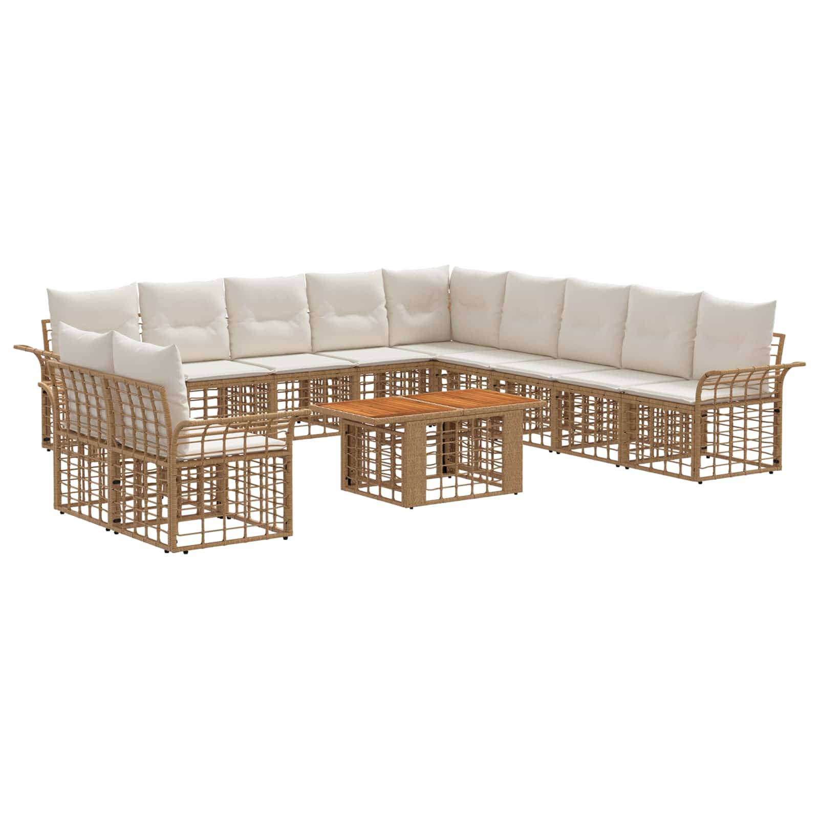 L-förmiges Outdoor-Loungesofa-Set aus Rattan mit beigen Kissen und passendem Couchtisch auf weißem Hintergrund.