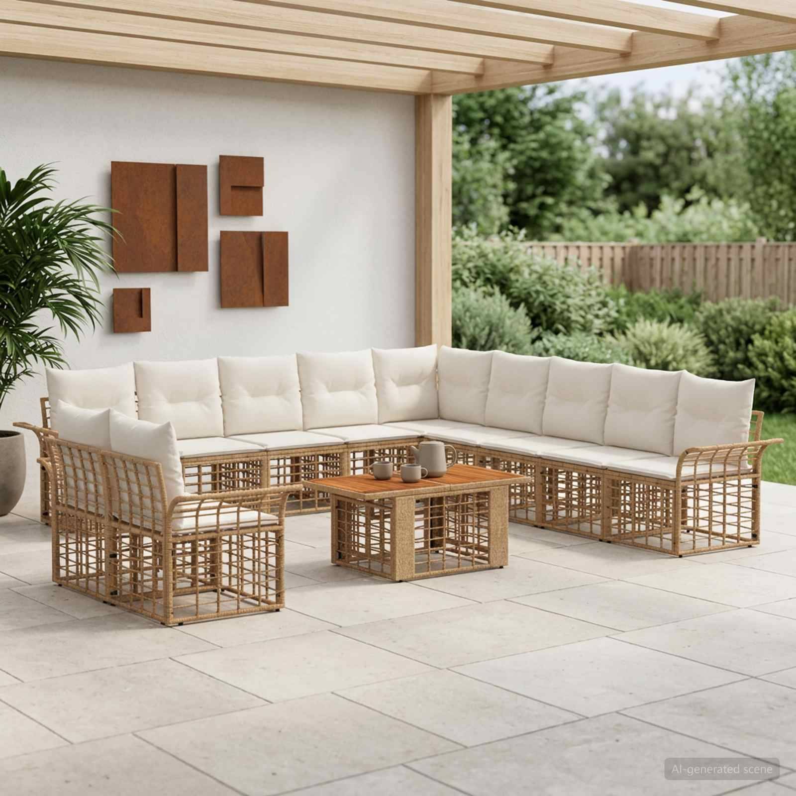 Terrasse im Freien mit L-förmigem Korb-Sitzsatz, weißen Kissen und einem Holz-Couchtisch unter einer Pergola mit Blick auf einen Garten.