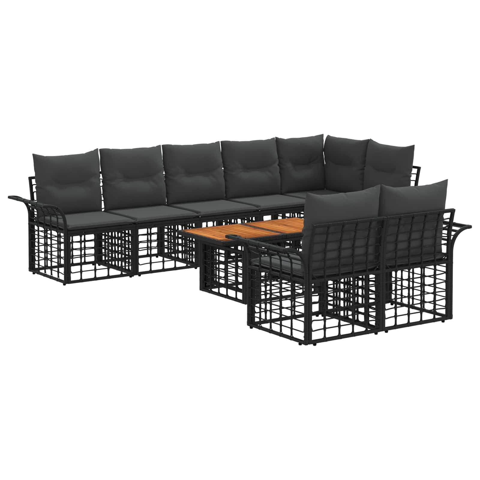 Schwarzes Metall-Außenbereich-Ecksofa-Set mit Kissen und Holzoberflächen-Couchtisch auf weißem Hintergrund.
