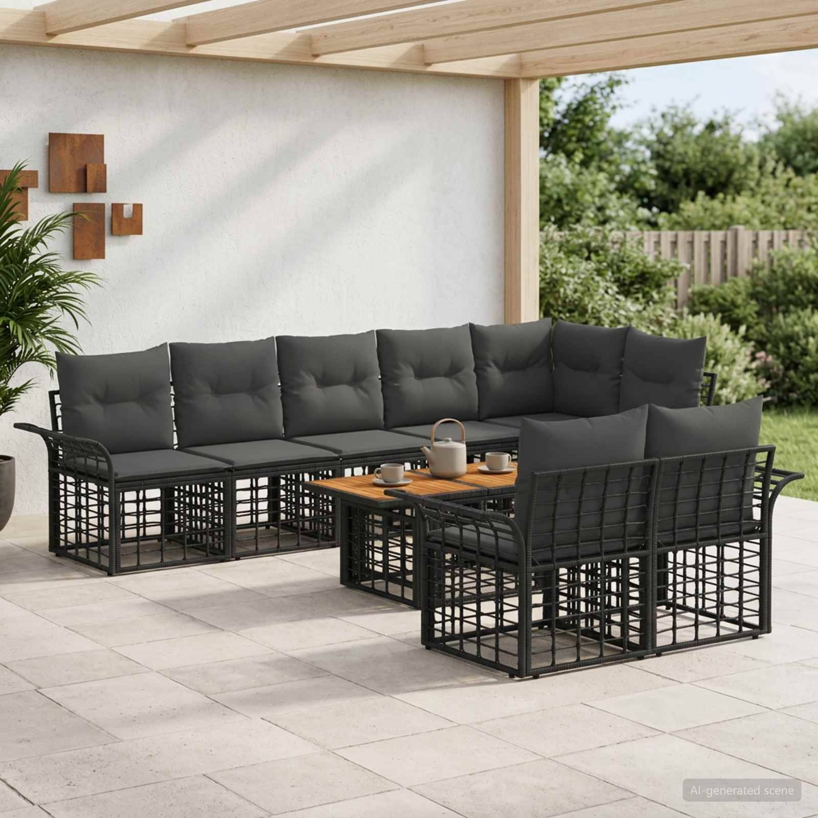 Outdoor-Terrassenmöbel-Set mit dunkel gepolstertem Ecksofa, zwei Sesseln und Couchtisch unter einer überdachten Terrasse mit Blick auf einen Garten.