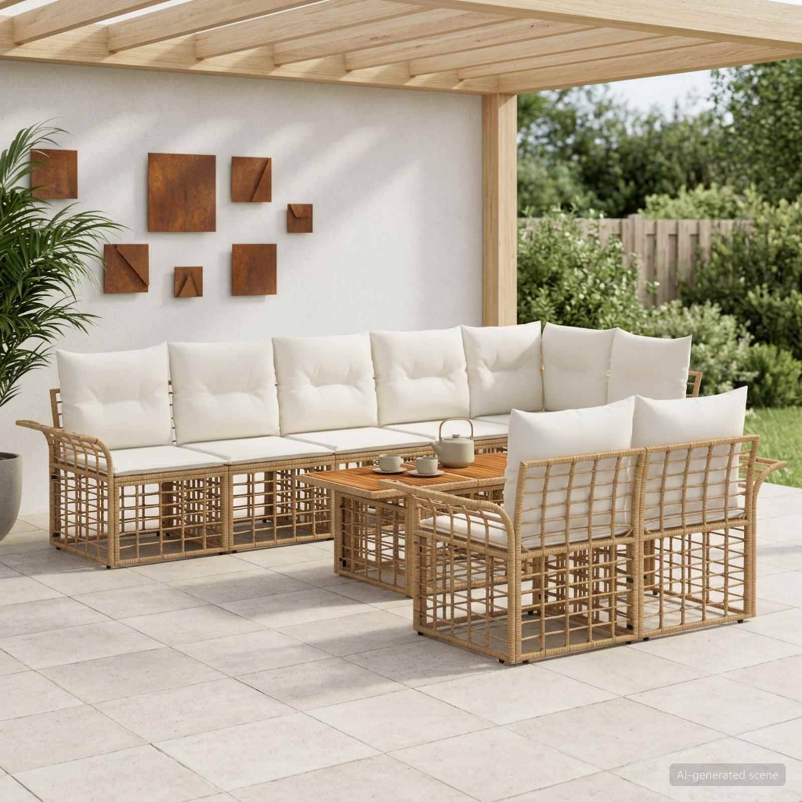 Outdoor-Terrassensitzgruppe mit weißen Kissen und geflochtenen Rattanrahmen um einen niedrigen Couchtisch unter einer Holzpergola.